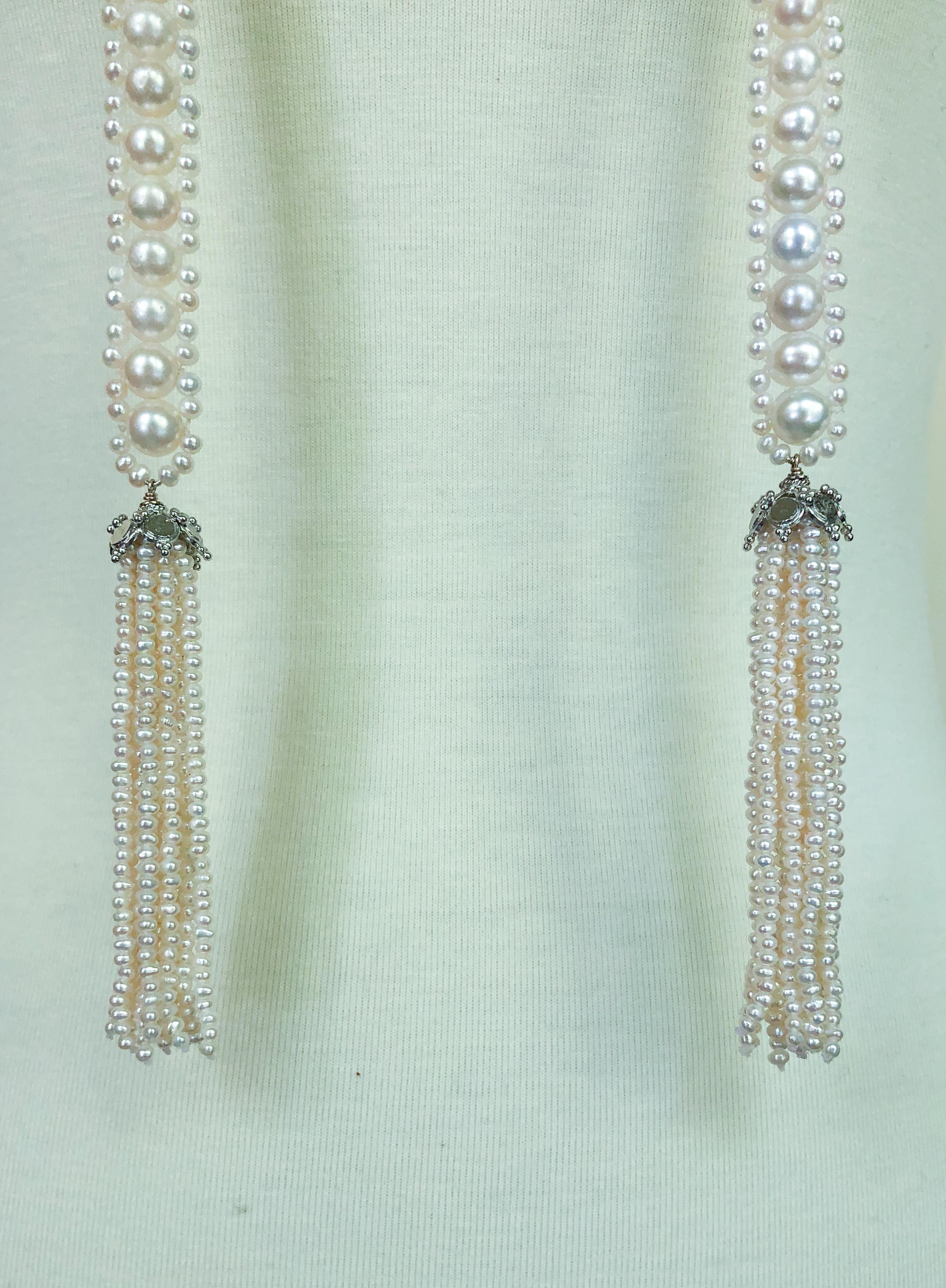 Art Deco Marina J. Pearl Sautoir with Seed Pearl Tassel and Silver Rhodium-Plated Cup