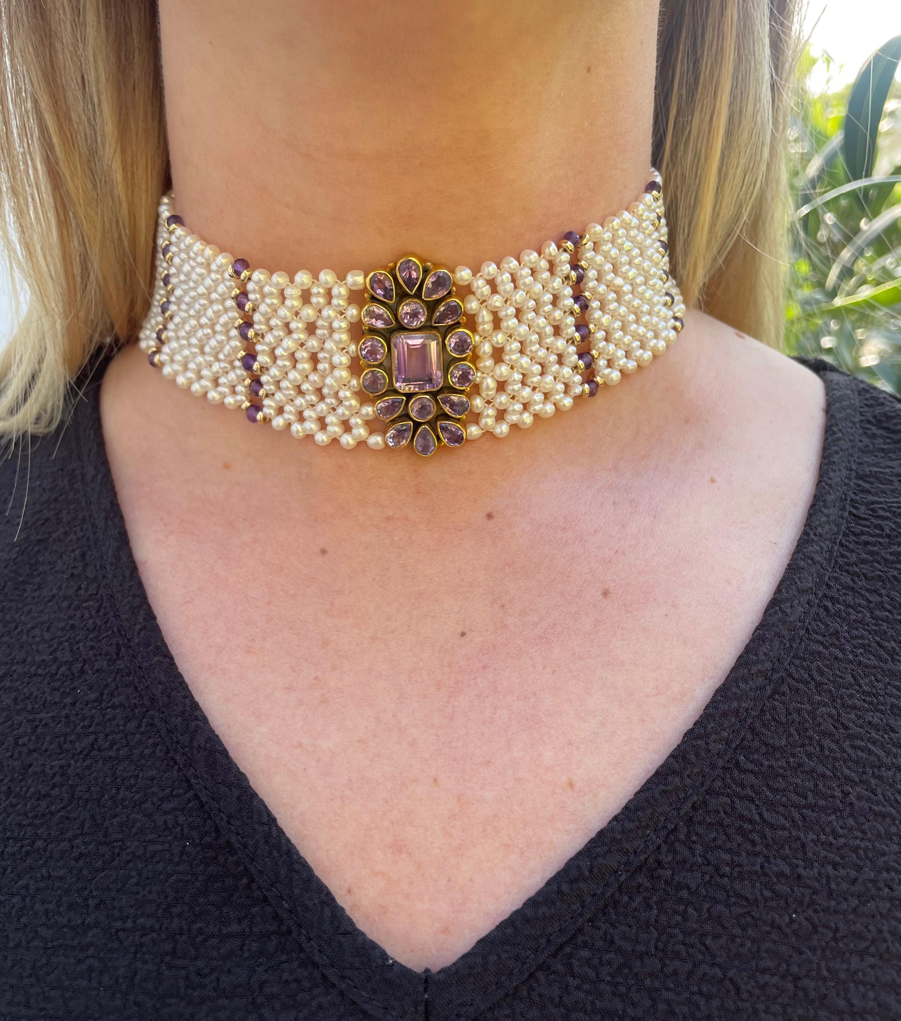 Marina J. Pearl, Solid 14k Gold & Amethyst Woven Choker + Gold Adjustable Clasp 2