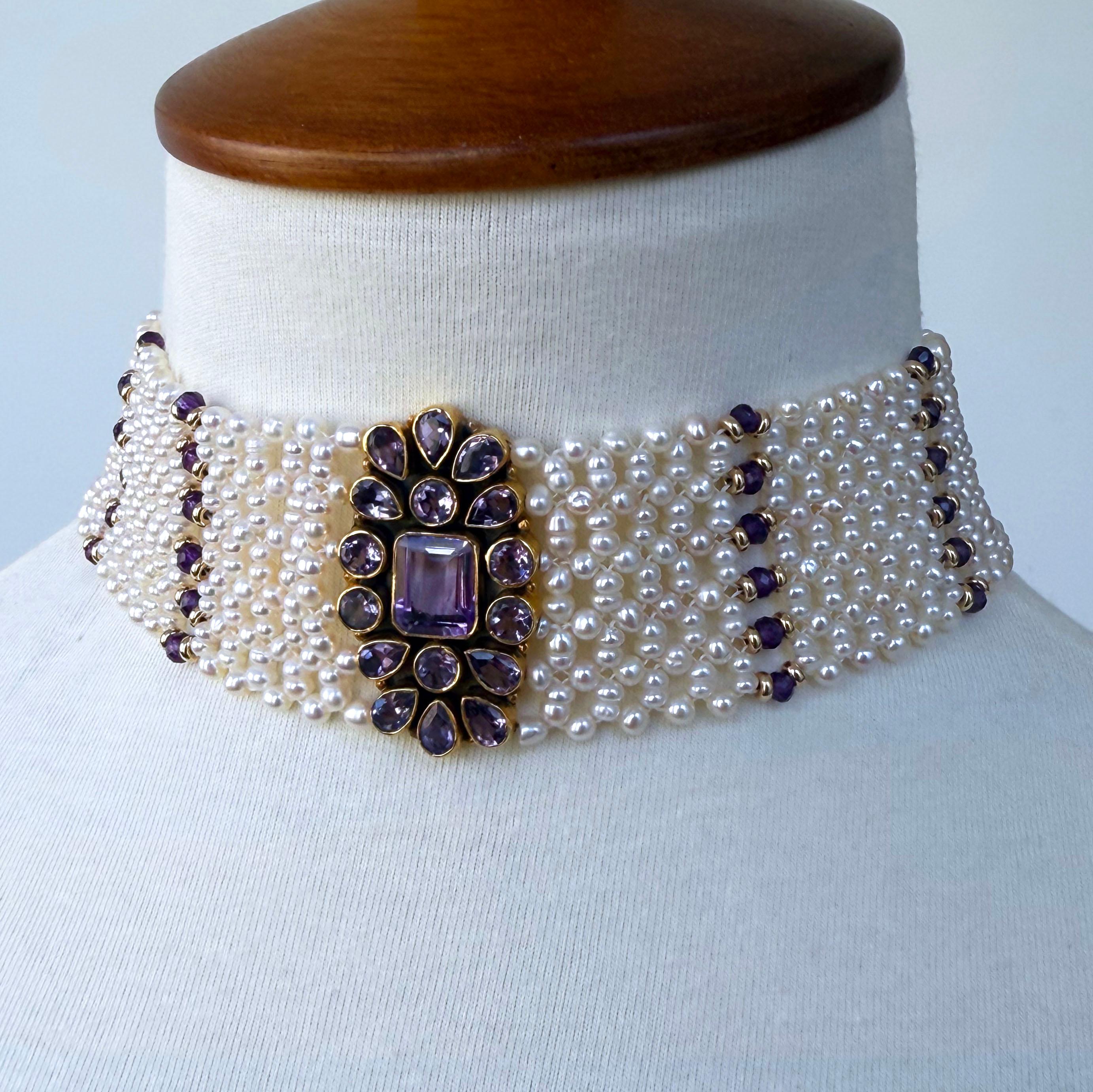 Stunning One of A Kind Choker by Marina J.
This piece features a Vintage Silver Gold Plated Amethyst Brooch that has been reworked into a stunning Centerpiece (Stamped 925 on the back).
Small Pearls, Solid 14k Yellow Gold Findings and Faceted