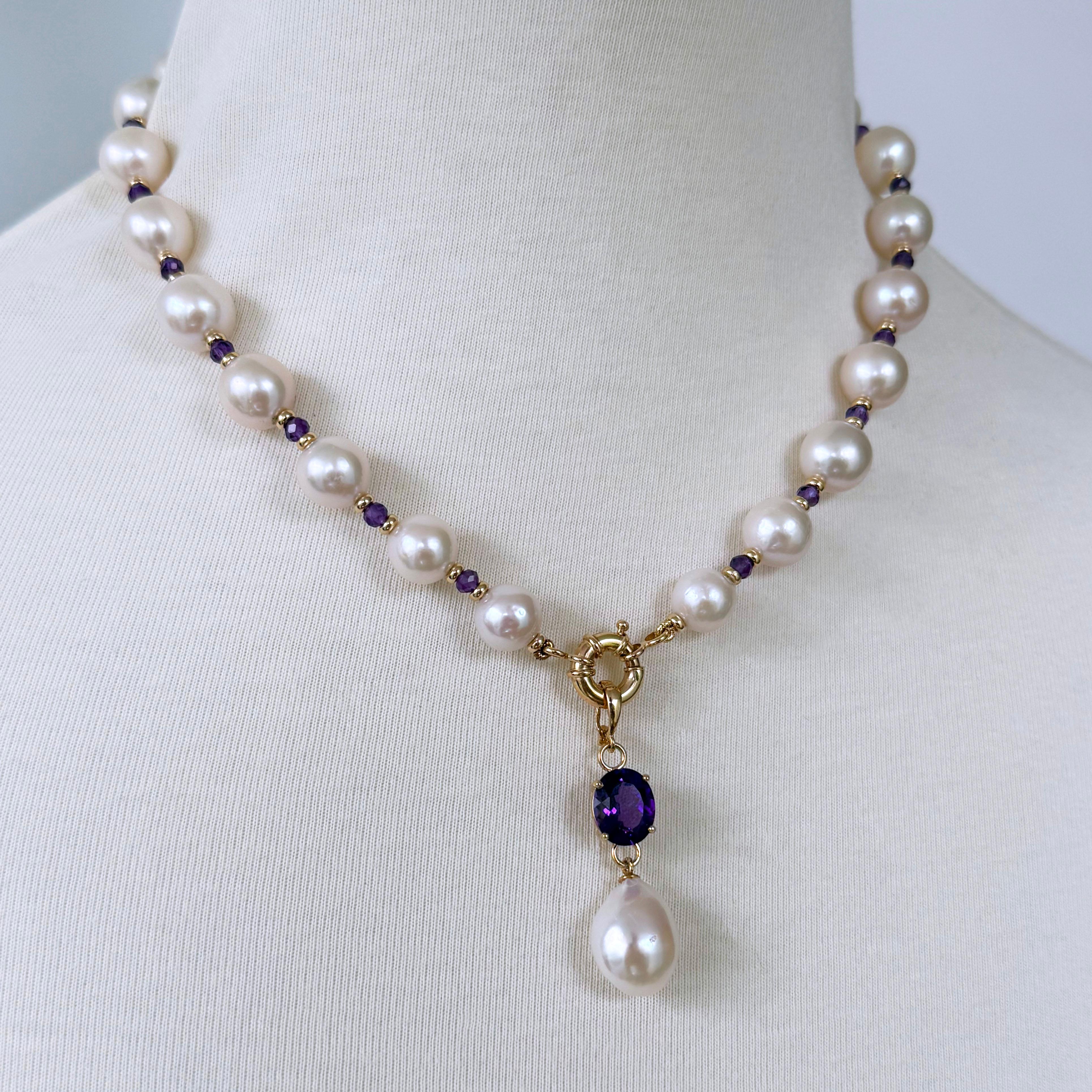 Perlina Marina J. Perla, Collana in oro massiccio 14k con centrotavola rimovibile in ametista in vendita