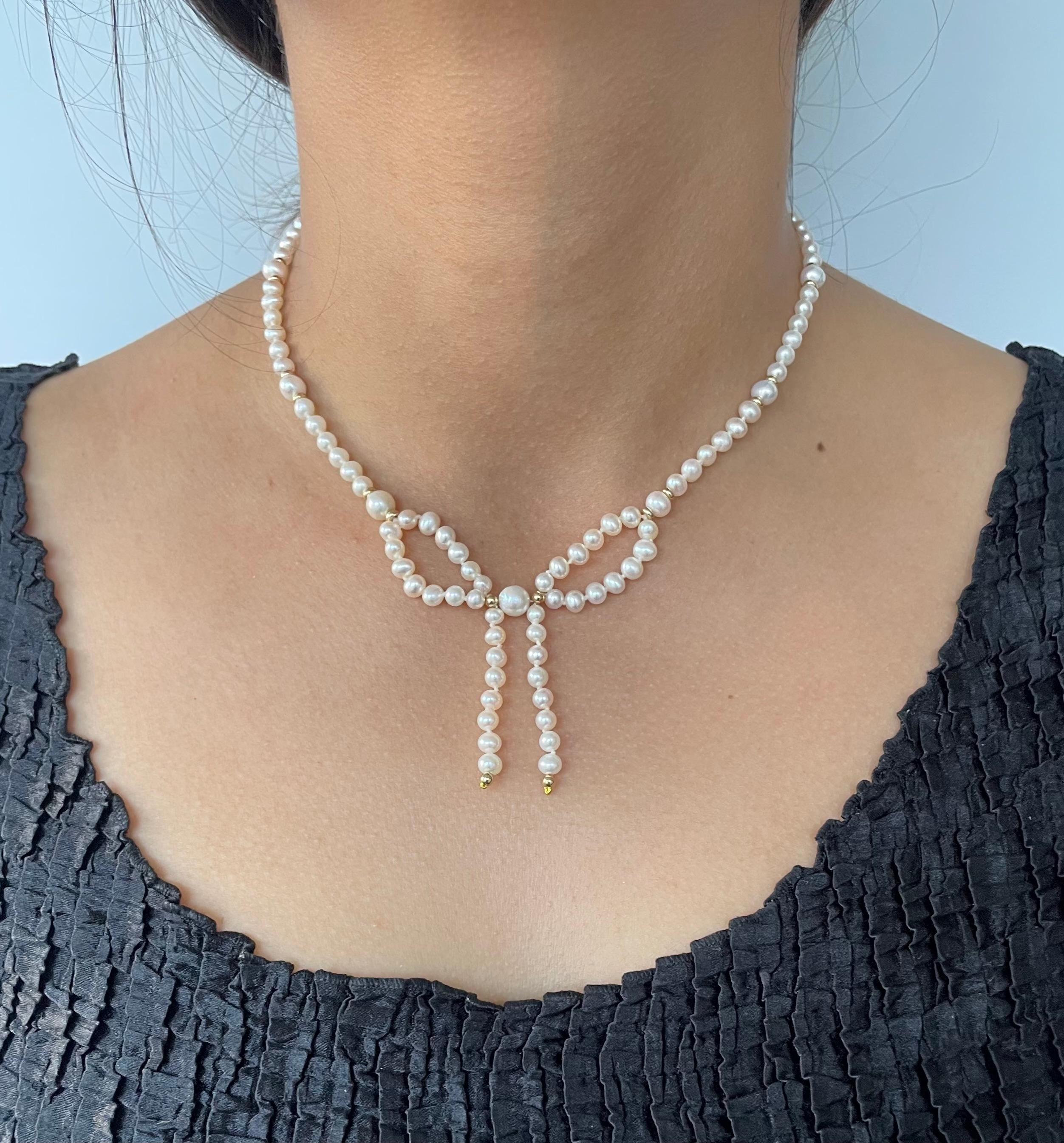 Artisan Marina J. Pearl & Solid 14k Yellow Gold Accented Bow Necklace For Sale