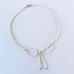 Marina J. Pearl Strung Necklace with Bow Centerpiece and Rhodium Silver Clasp