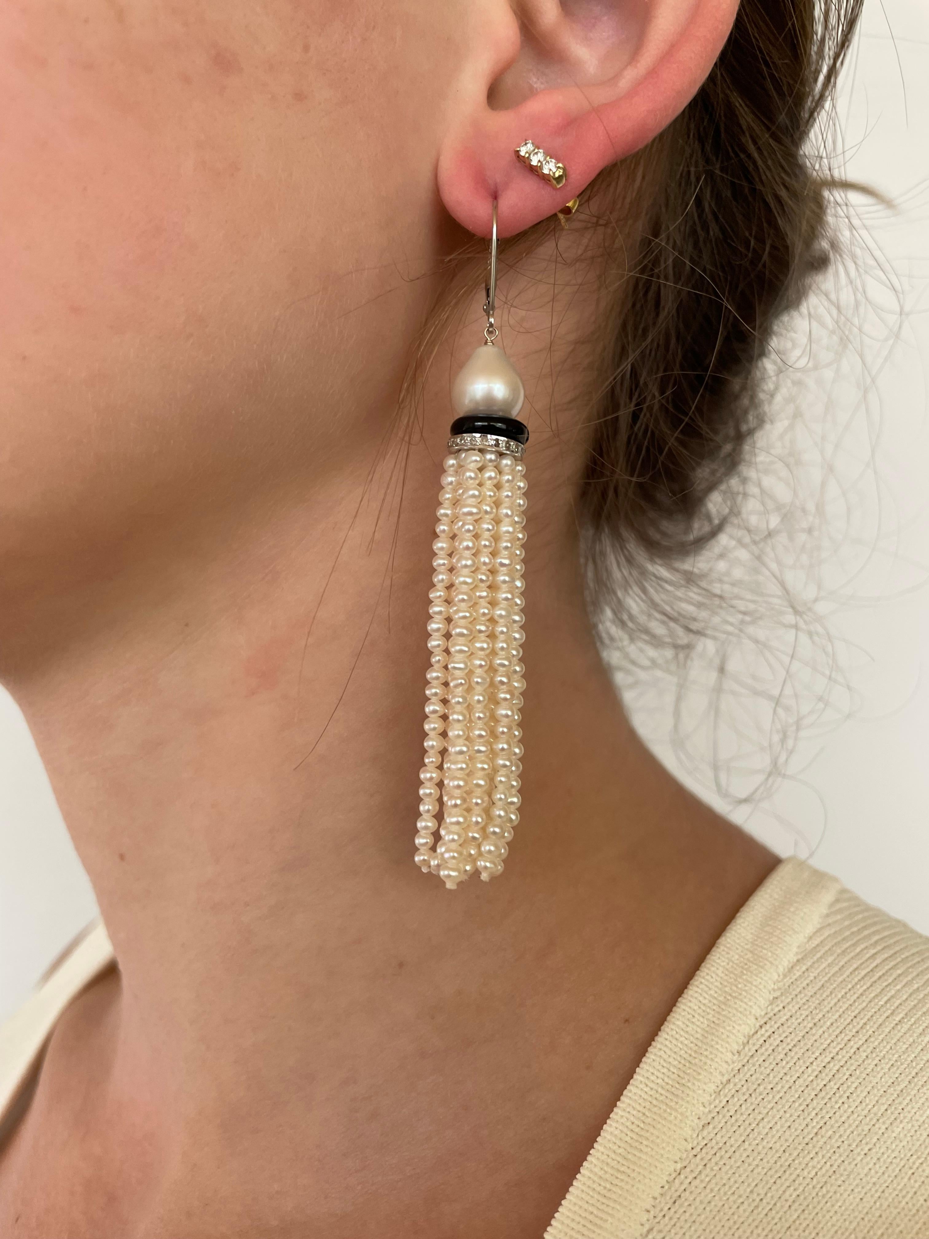 Art Deco Marina J. Pearl Tassel Earrings with Onyx and Diamond Encrusted rondelles