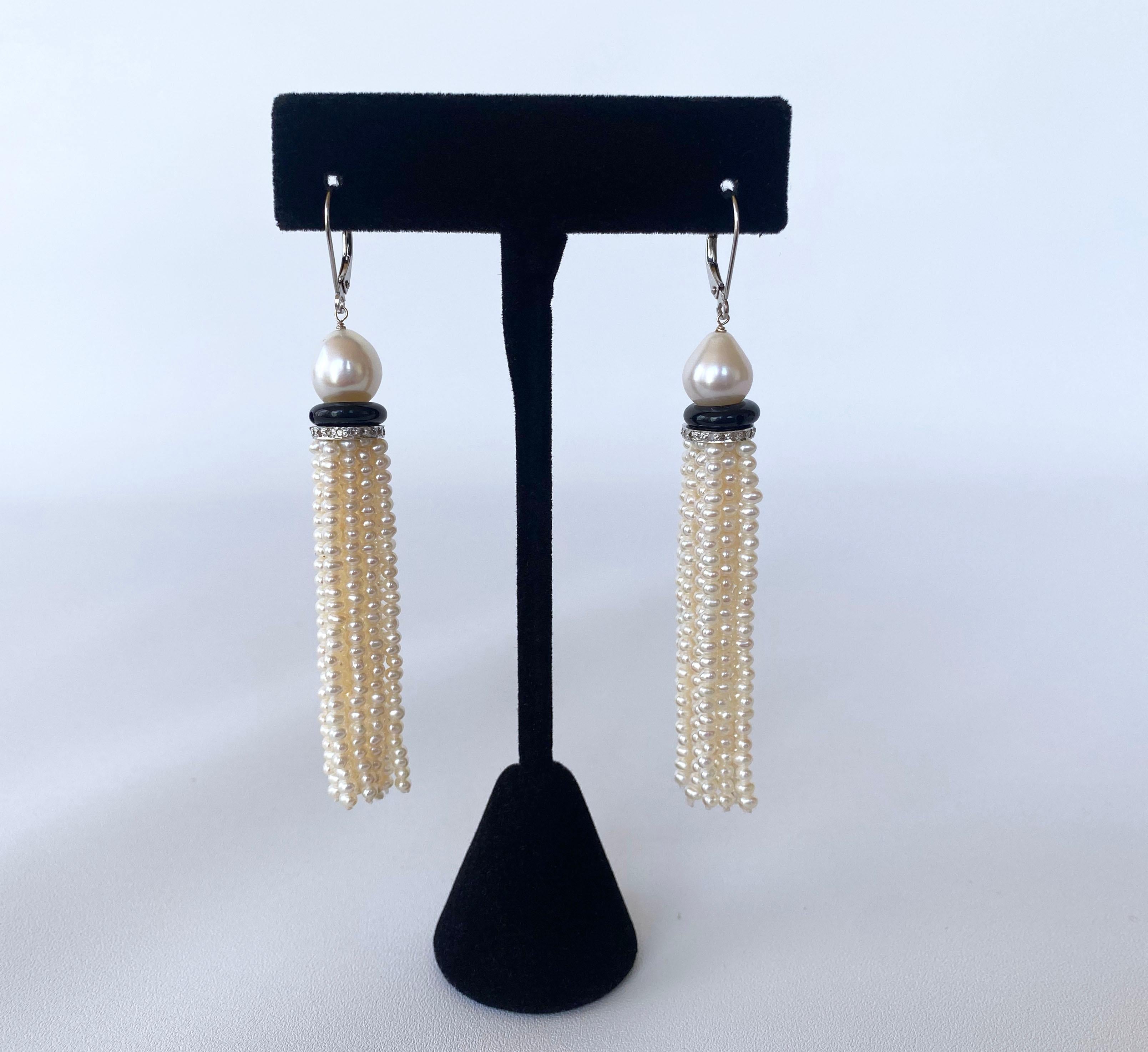 Bead Marina J. Pearl Tassel Earrings with Onyx and Diamond Encrusted rondelles