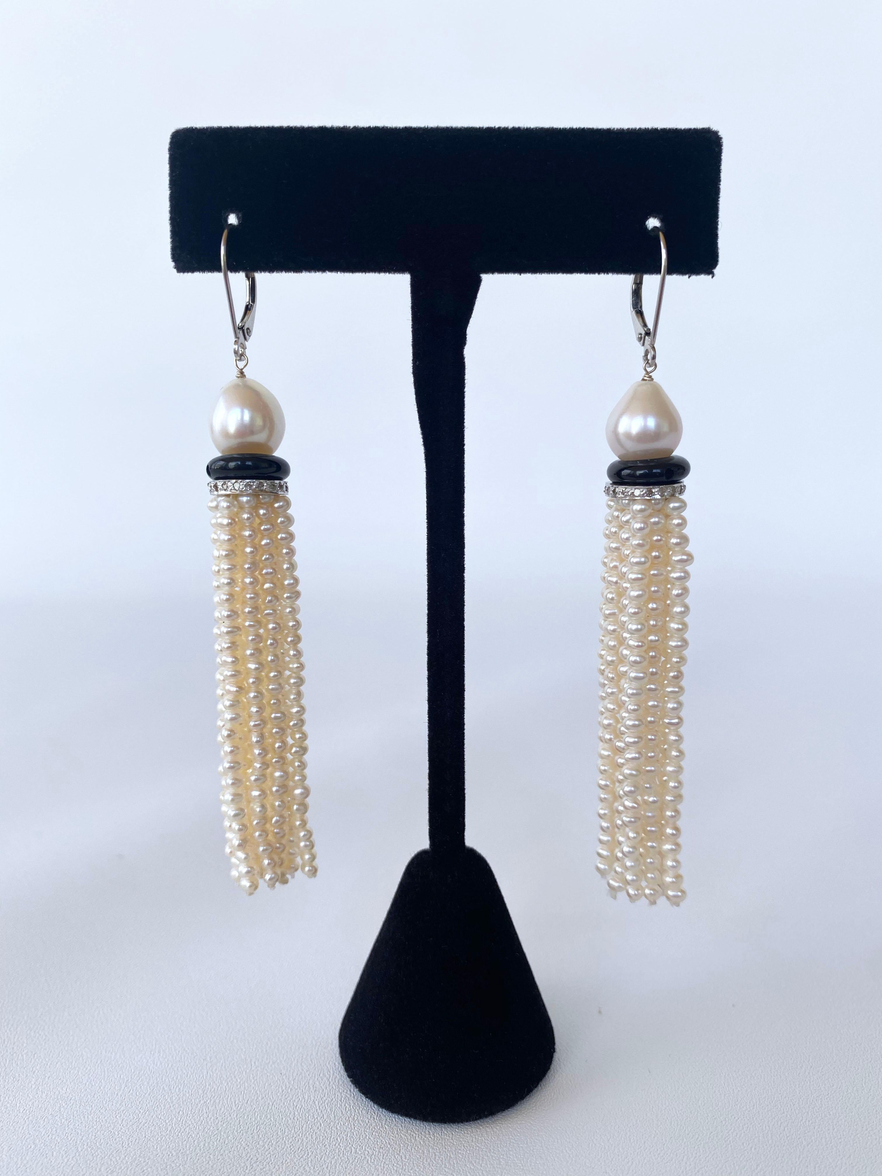 Marina J. Pearl Tassel Earrings with Onyx and Diamond Encrusted rondelles In New Condition In Los Angeles, CA