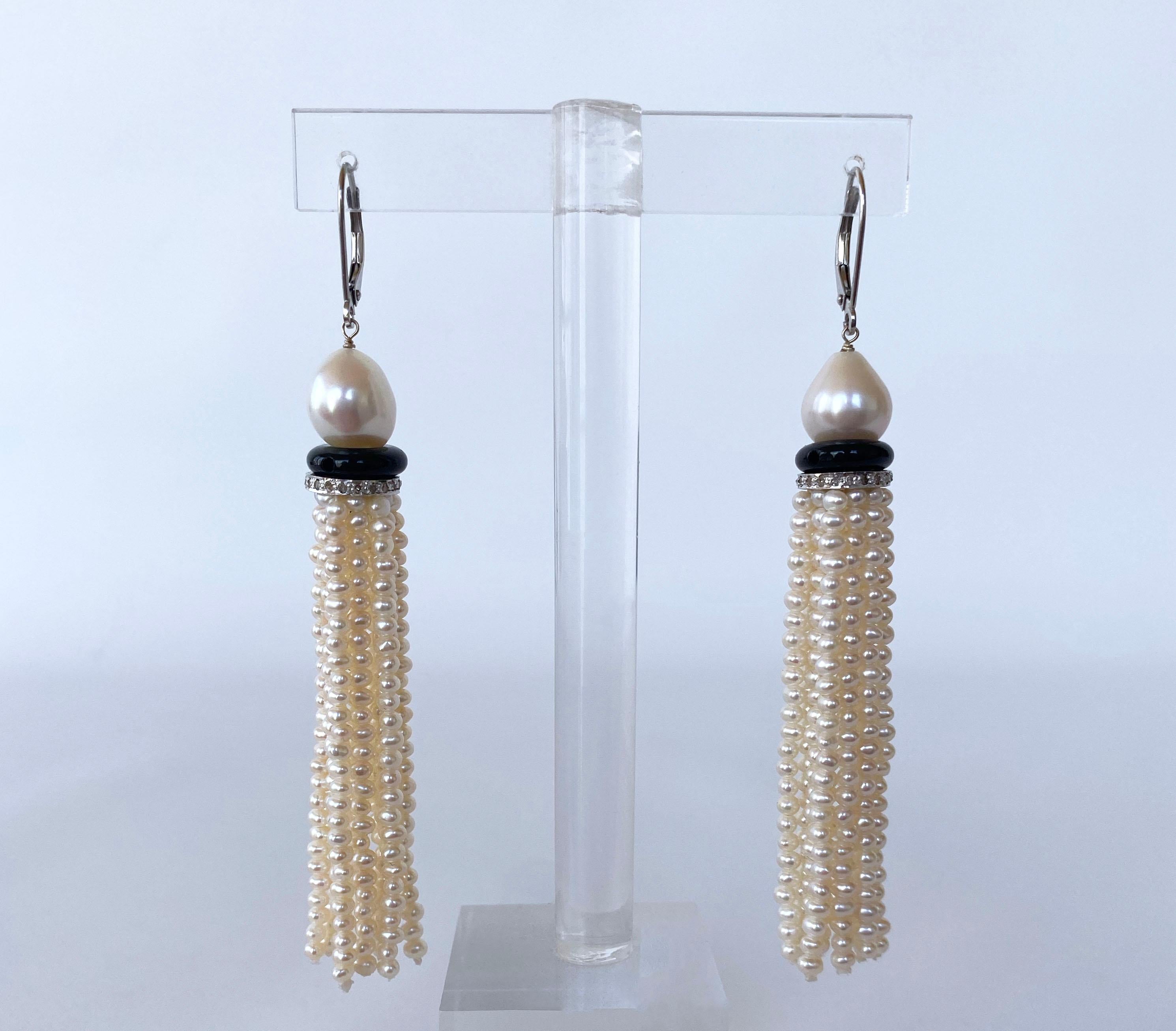 Women's Marina J. Pearl Tassel Earrings with Onyx and Diamond Encrusted rondelles