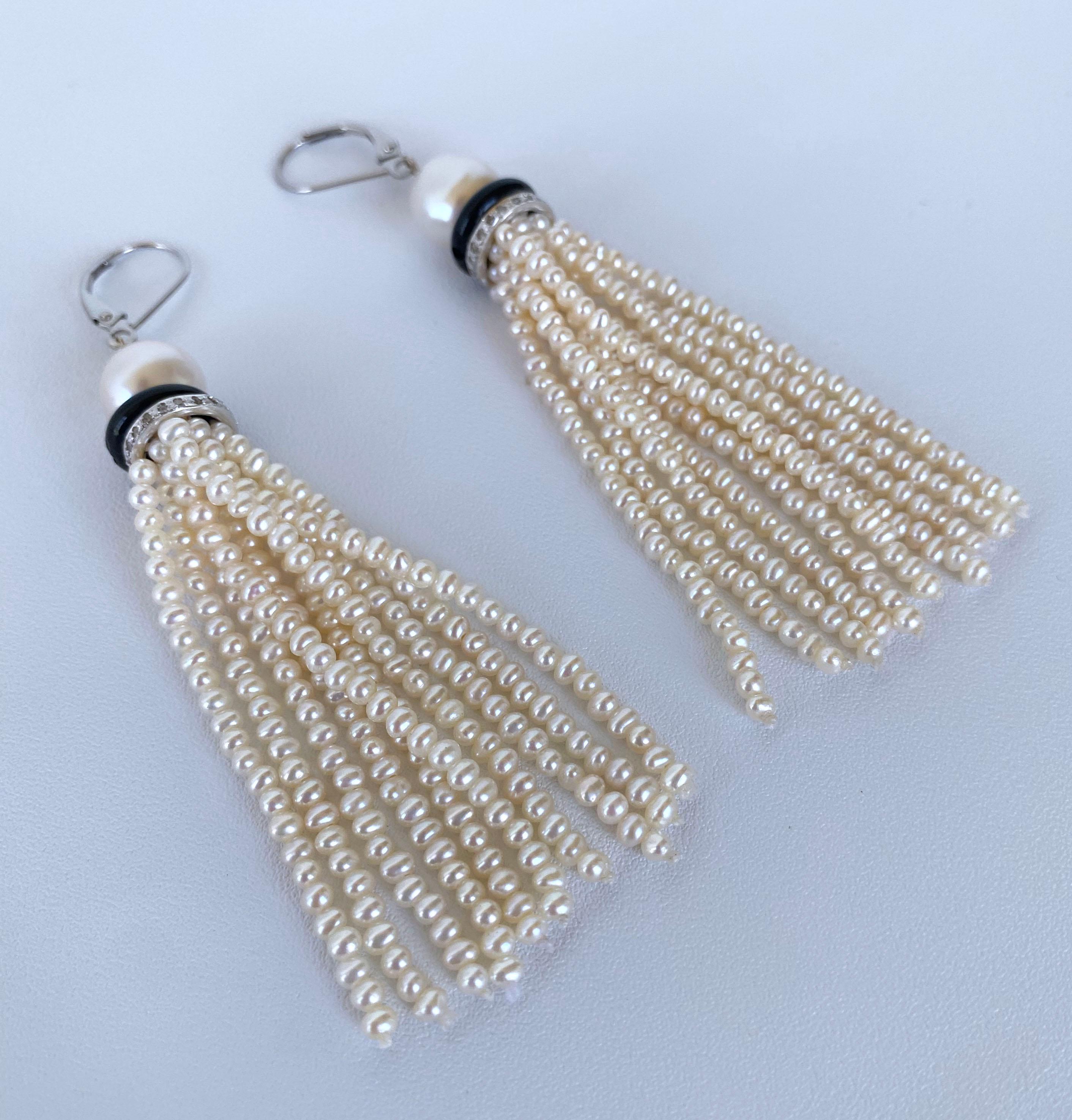 Marina J. Pearl Tassel Earrings with Onyx and Diamond Encrusted rondelles 1