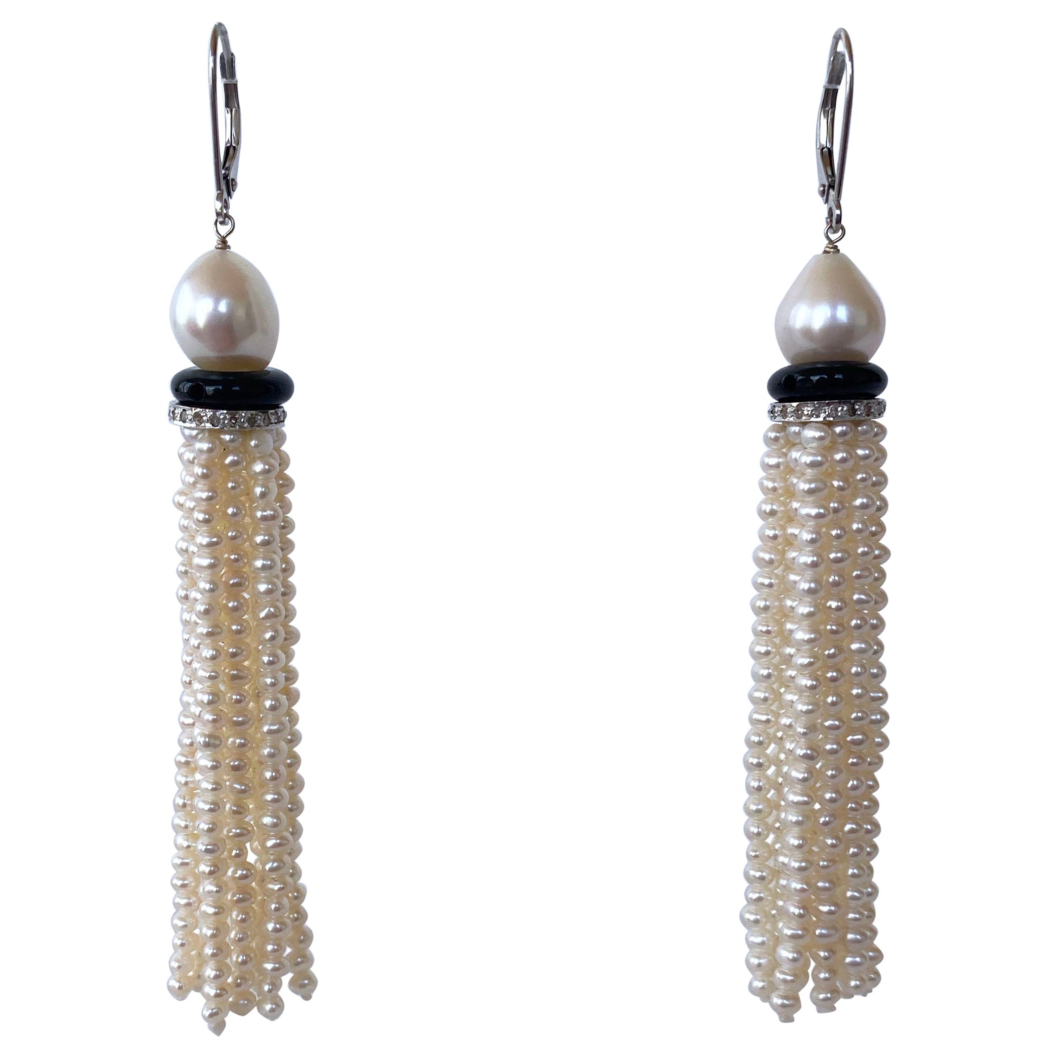 Marina J. Pearl Tassel Earrings with Onyx and Diamond Encrusted rondelles 