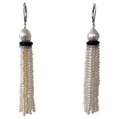 Marina J. Pearl Tassel Earrings with Onyx and Diamond Encrusted rondelles 