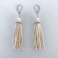Marina J. Pearl Tassel Earrings with Rhodium plated Silver & Diamonds