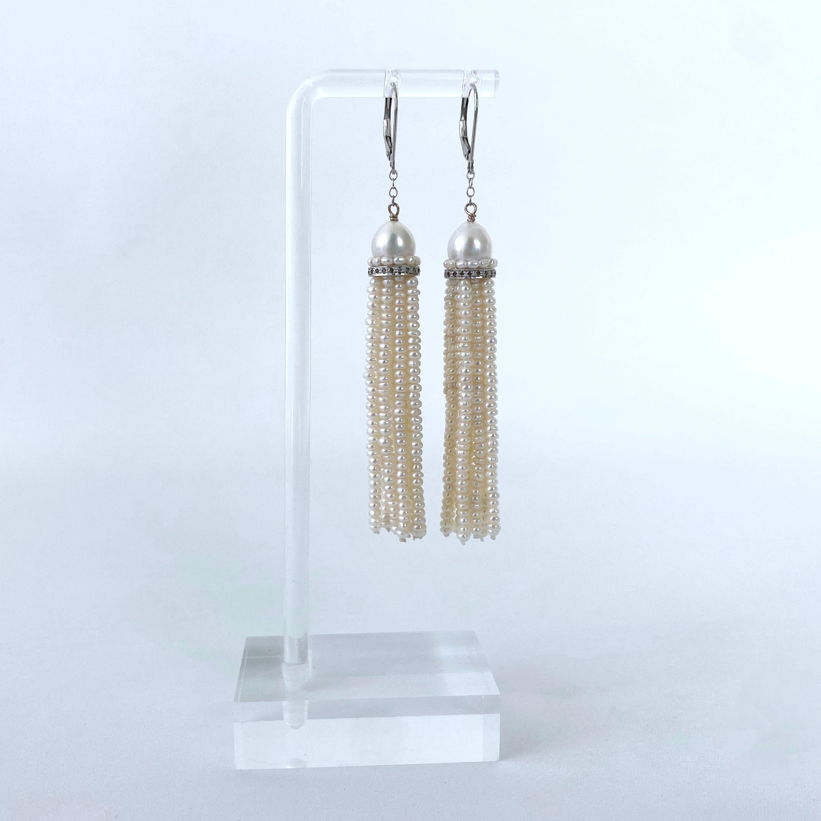 Marina J. Pearl Tassel Earrings with Rhodium plated Silver & Diamonds In New Condition For Sale In Los Angeles, CA