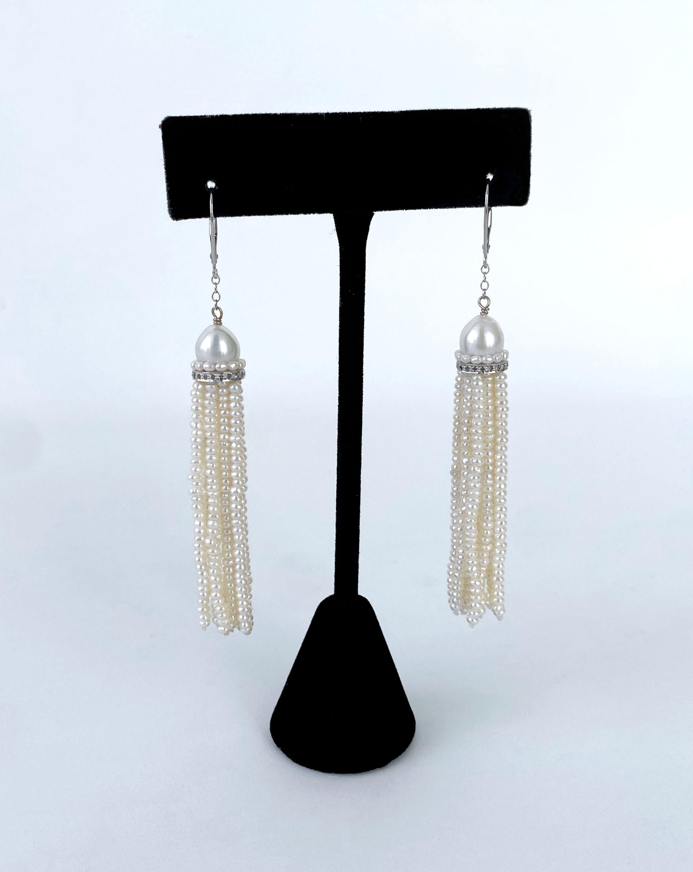 Women's Marina J. Pearl Tassel Earrings with Rhodium plated Silver & Diamonds For Sale