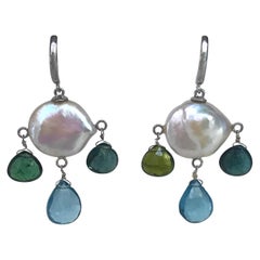 Marina J Boucles d'oreilles en or 14 carats avec perles, briolettes en tourmaline et topaze bleue de Londres