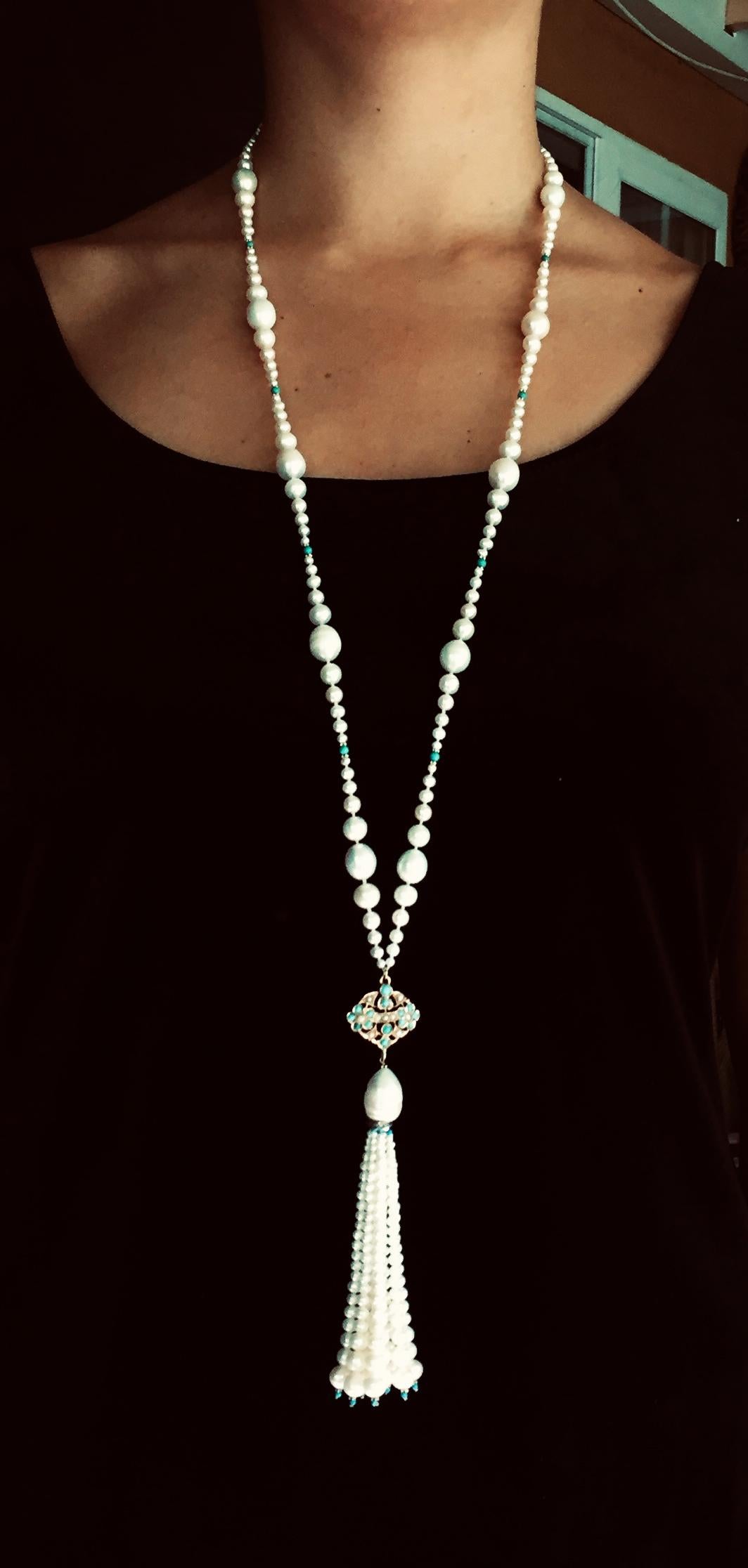 Marina J Pearl & Turquoise Necklace with 14k Gold Vintage Pendant, Beads & Clasp 6