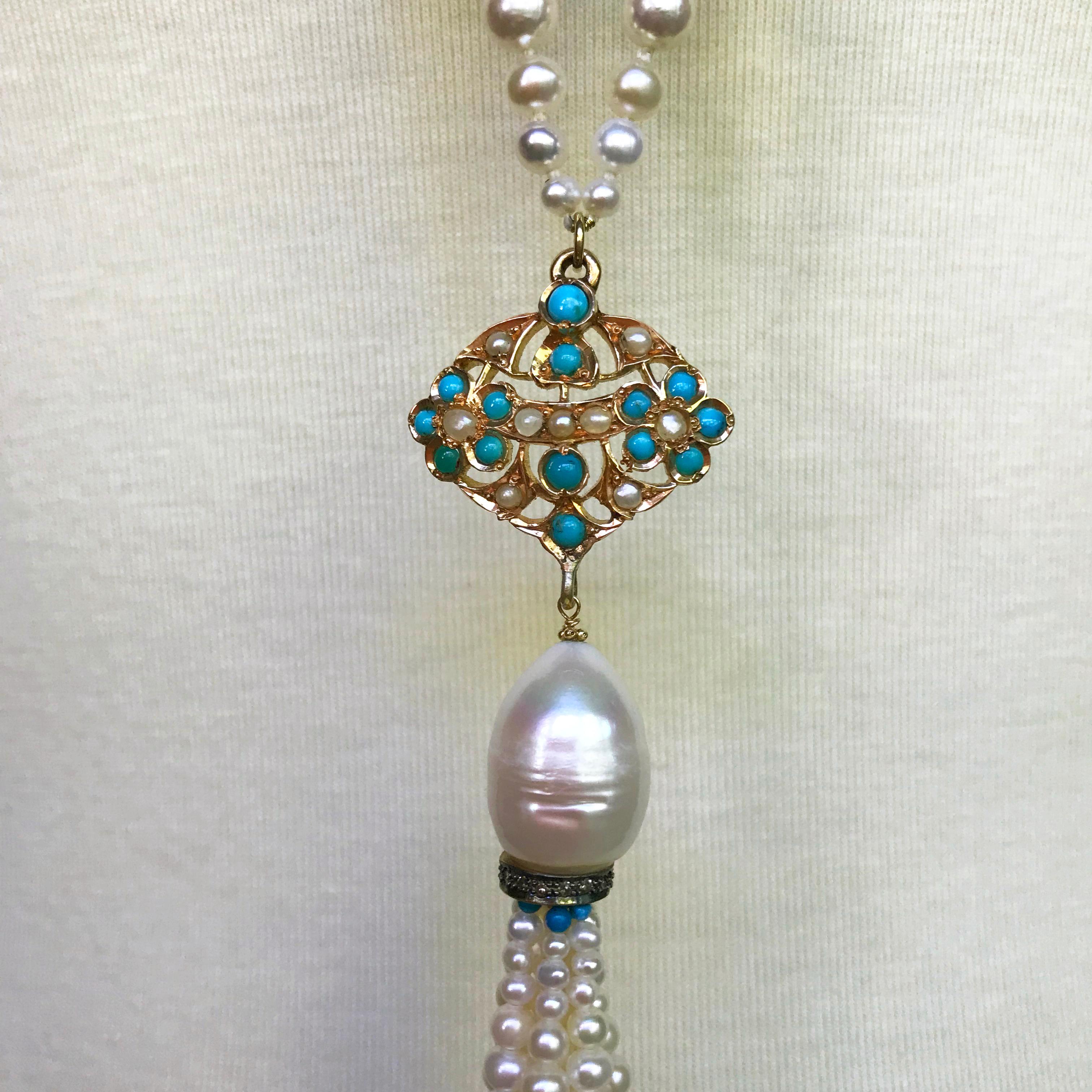 Marina J Pearl & Turquoise Necklace with 14k Gold Vintage Pendant, Beads & Clasp 3