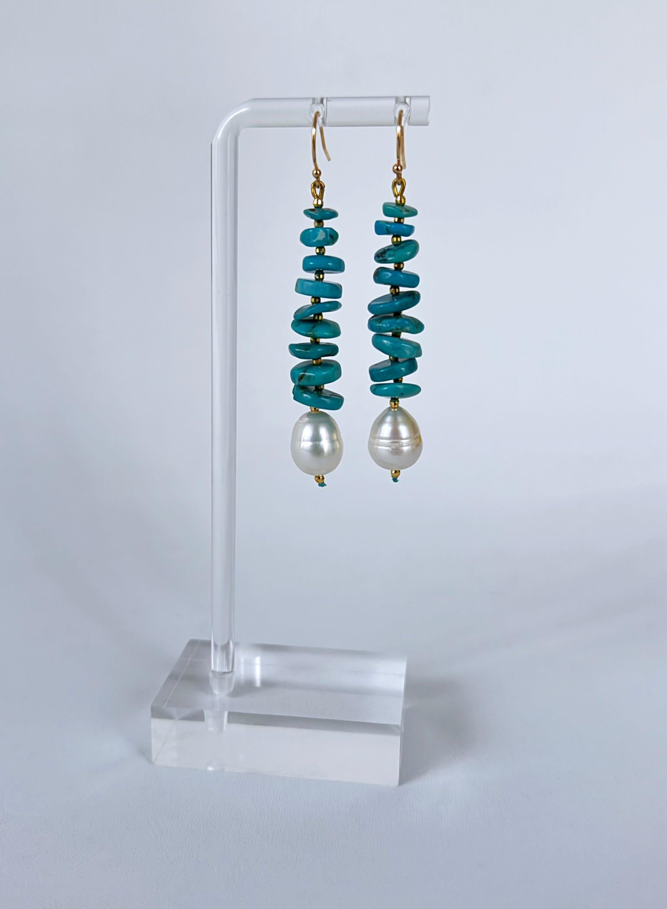 Boucles d'oreilles pendantes en or jaune 14k, turquoise et perles de Marina J. Pour femmes en vente