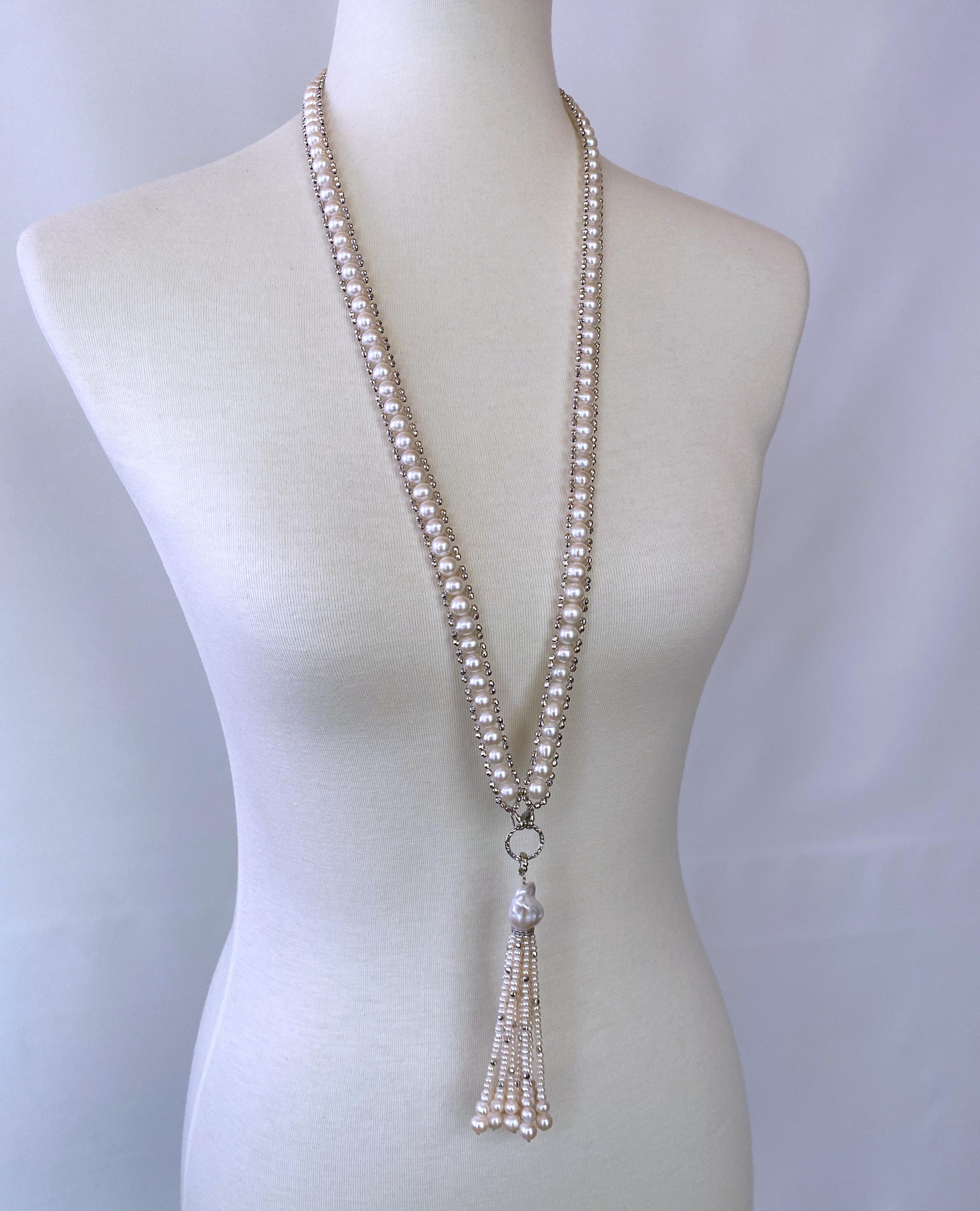 Marina J Woven Pearl 'Disco Shine' Sautoir with Gold , Silver, Diamonds , Tassel For Sale 6