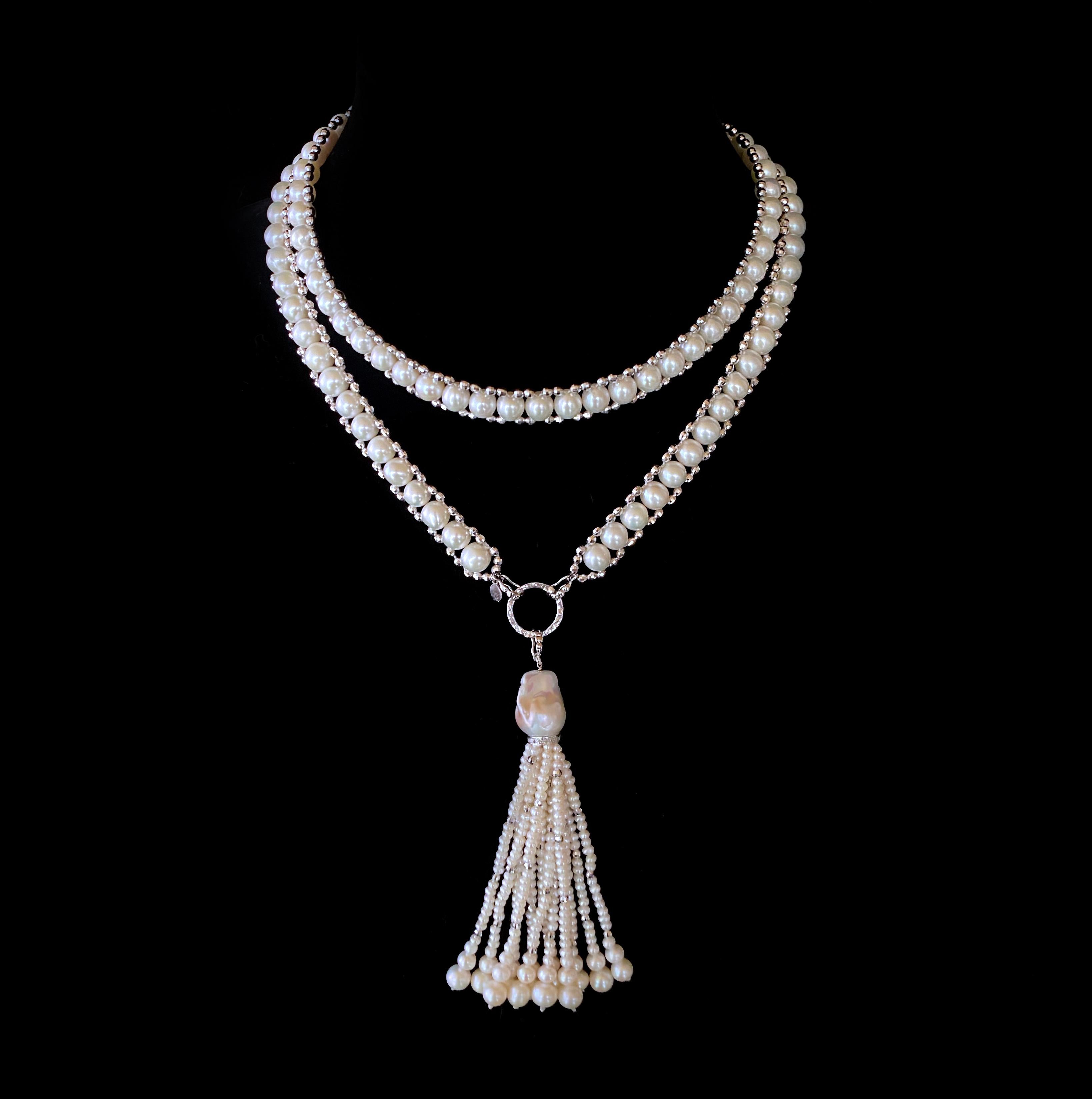 Marina J Woven Pearl 'Disco Shine' Sautoir with Gold , Silver, Diamonds , Tassel For Sale 8