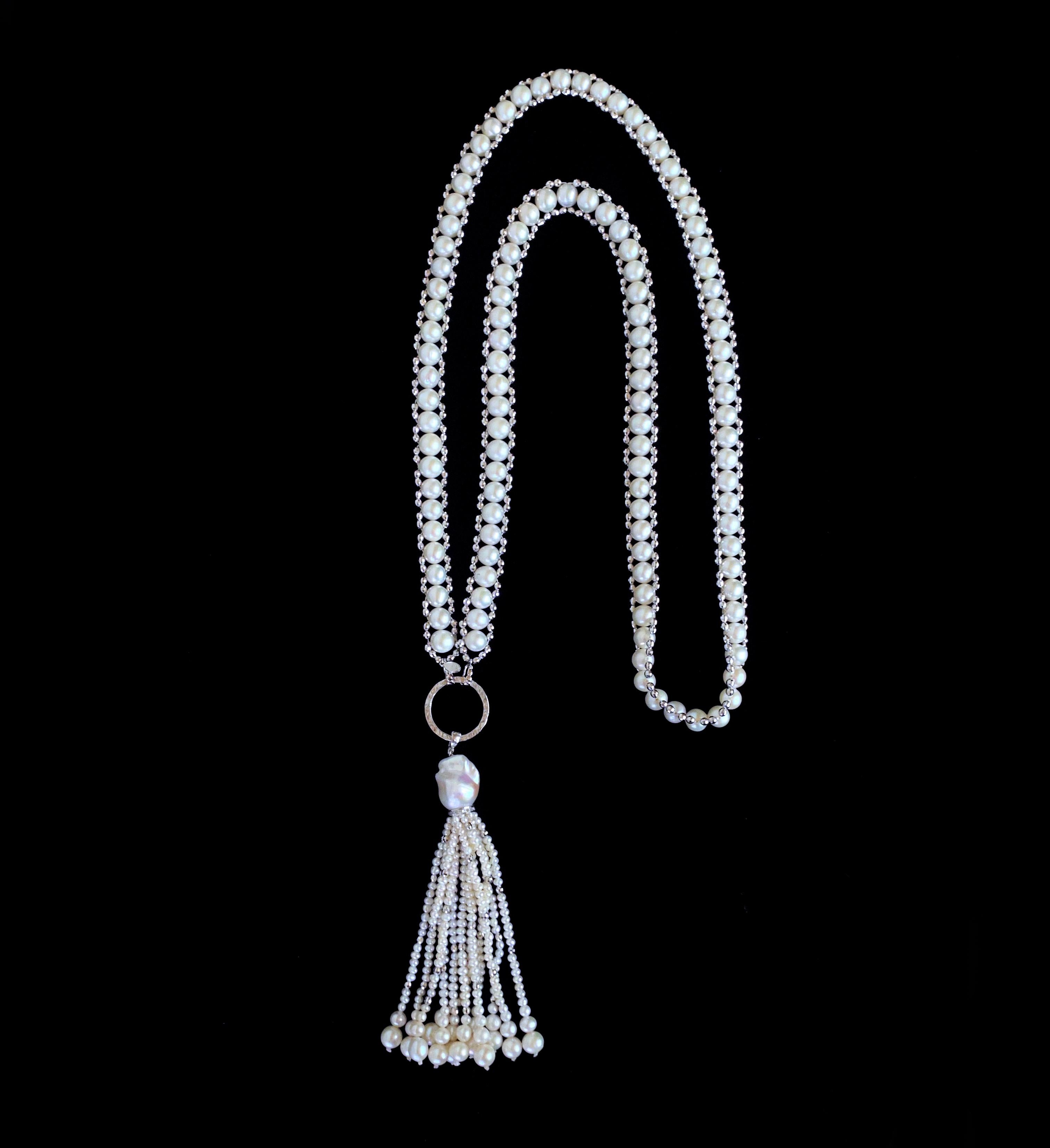 One of a kind piece by Marina J. The ultimate Shine Sautoir! This striking Sautoir is made using all cultured White Pearls adorned by high shine faceted Rhodium Plated Silver beads and detailings with a gorgeous removable Tassel. Woven into a lace