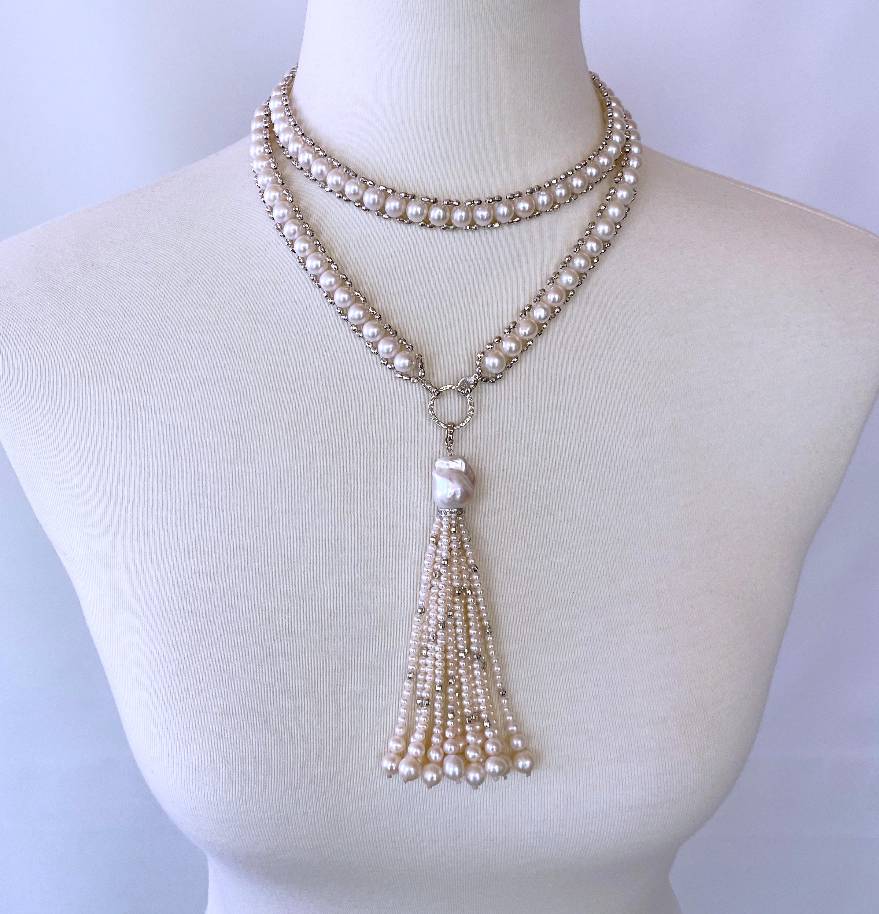 Artisan Marina J Woven Pearl 'Disco Shine' Sautoir with Gold , Silver, Diamonds , Tassel For Sale