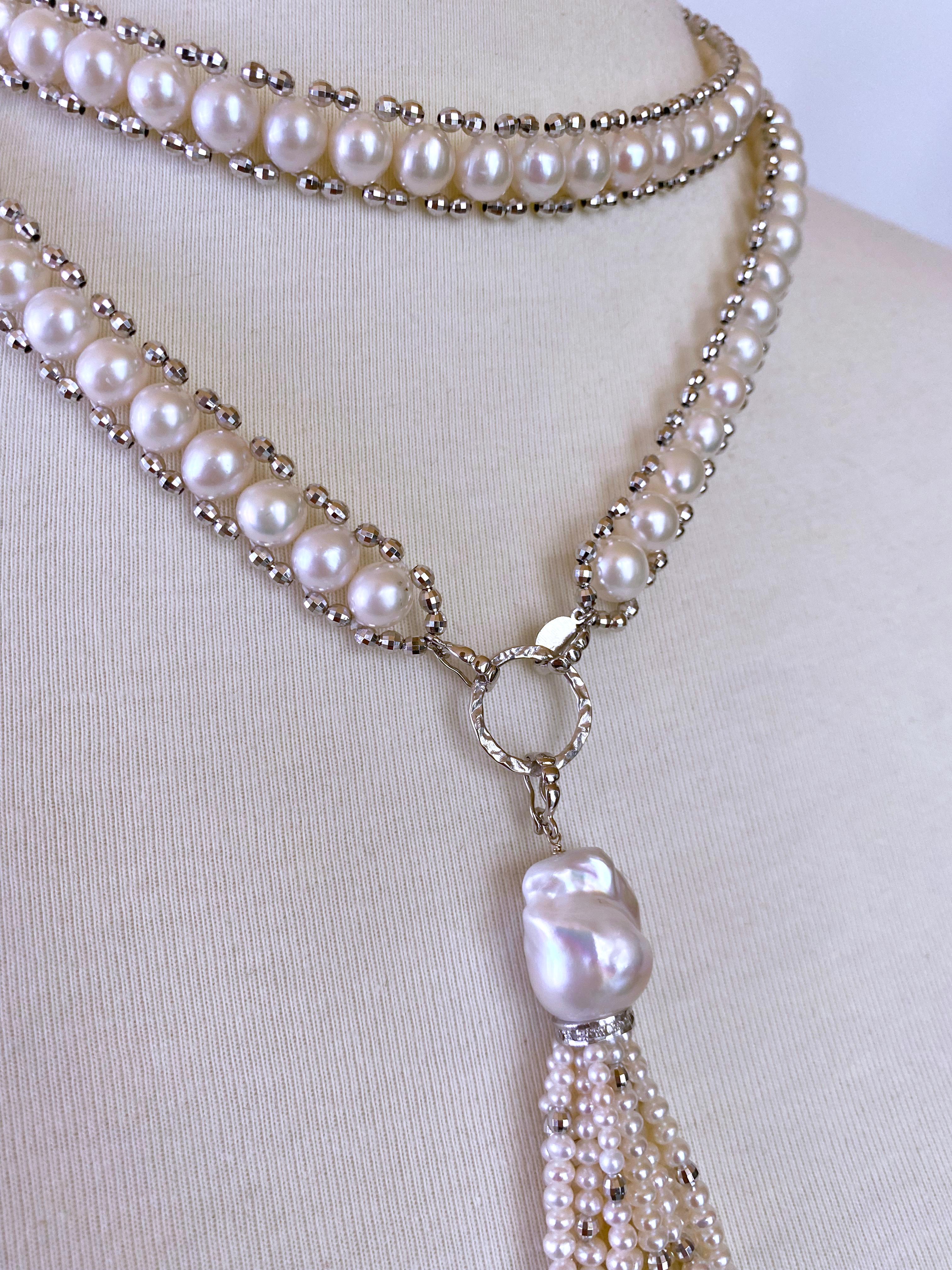 Bead Marina J Woven Pearl 'Disco Shine' Sautoir with Gold , Silver, Diamonds , Tassel For Sale