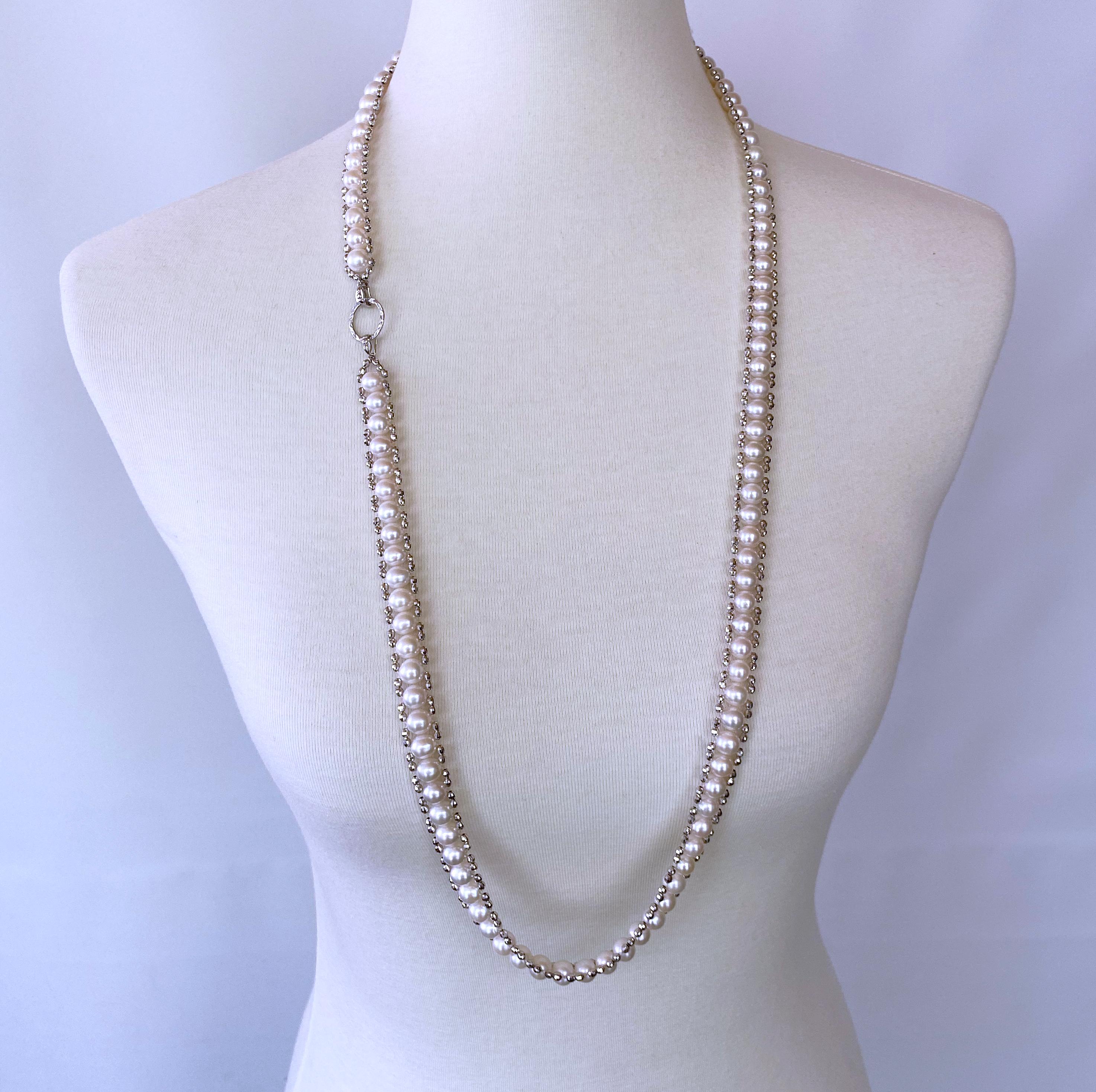 Marina J Woven Pearl 'Disco Shine' Sautoir with Gold , Silver, Diamonds , Tassel In New Condition For Sale In Los Angeles, CA