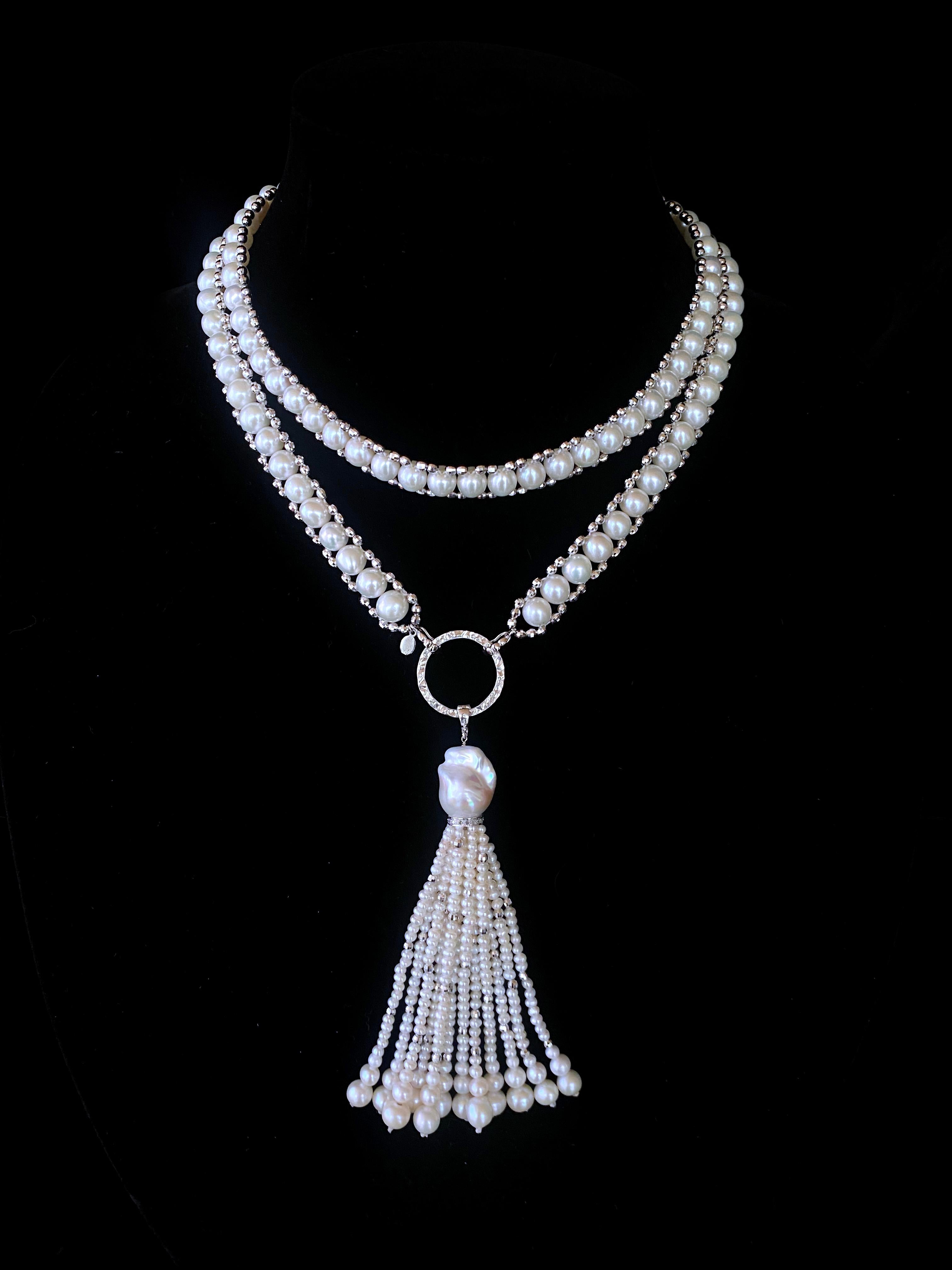 Marina J Woven Pearl 'Disco Shine' Sautoir with Gold , Silver, Diamonds , Tassel For Sale 4