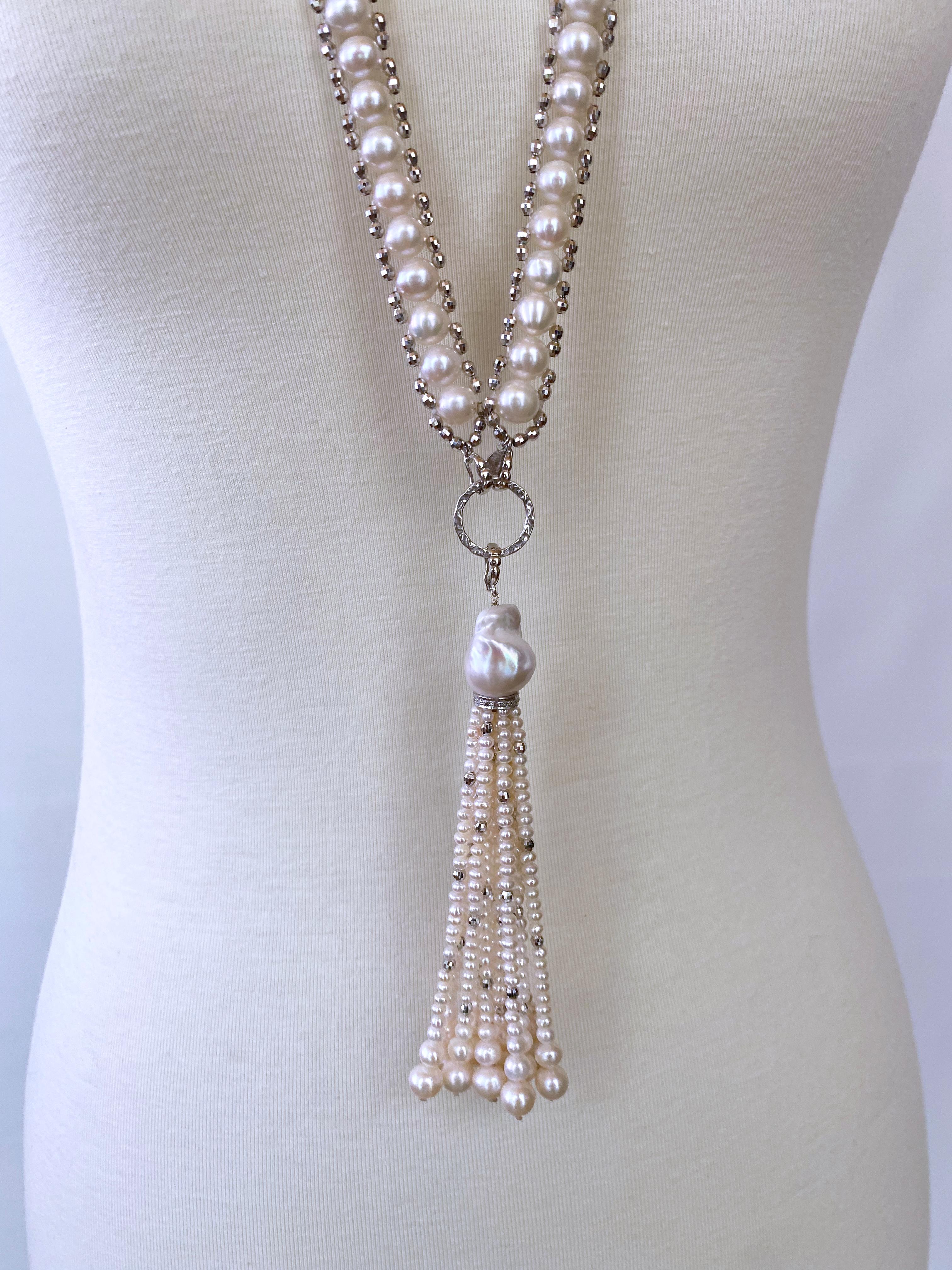 Marina J Woven Pearl 'Disco Shine' Sautoir with Gold , Silver, Diamonds , Tassel For Sale 3