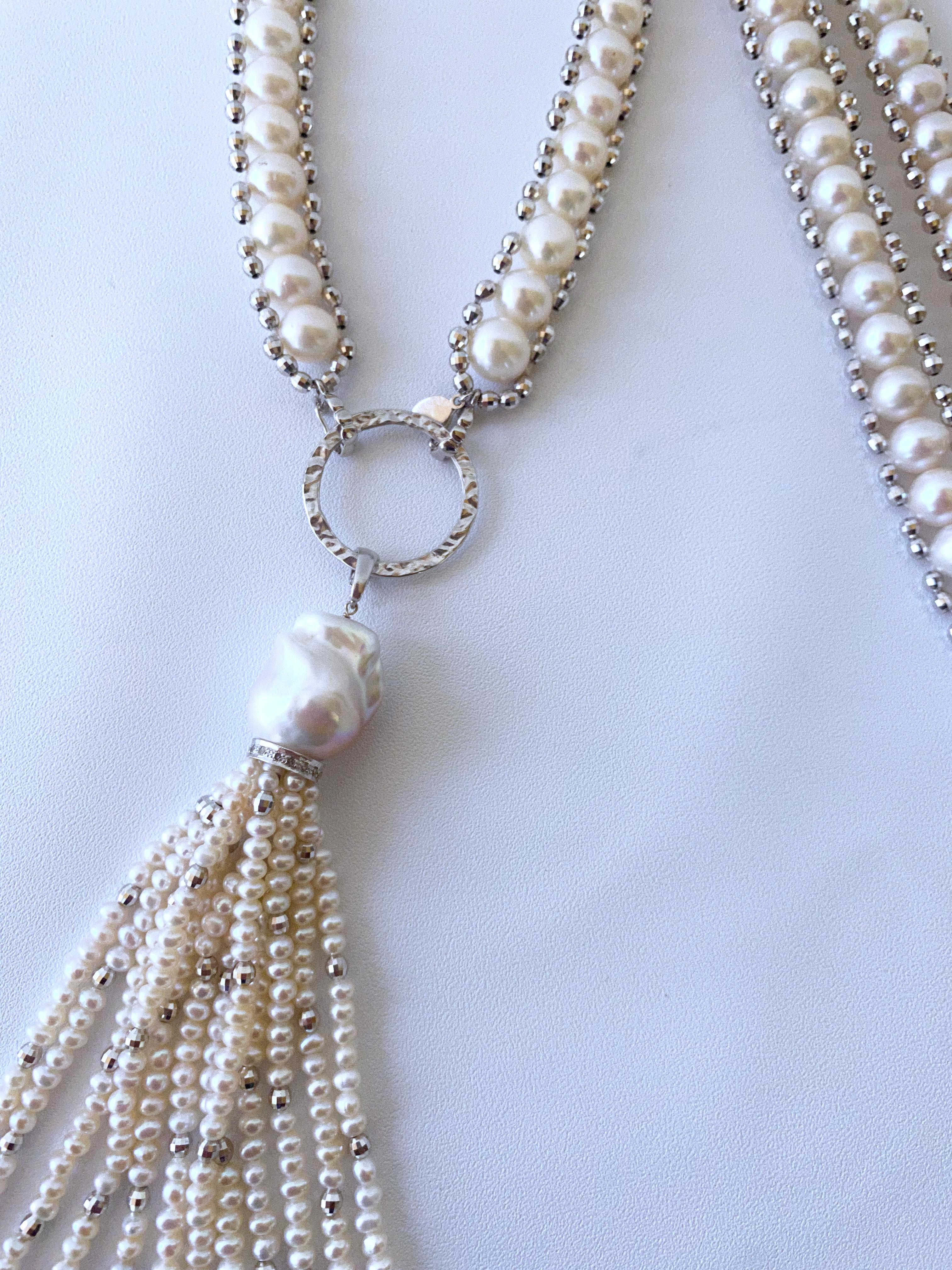 Marina J Woven Pearl 'Disco Shine' Sautoir with Gold , Silver, Diamonds , Tassel For Sale 2