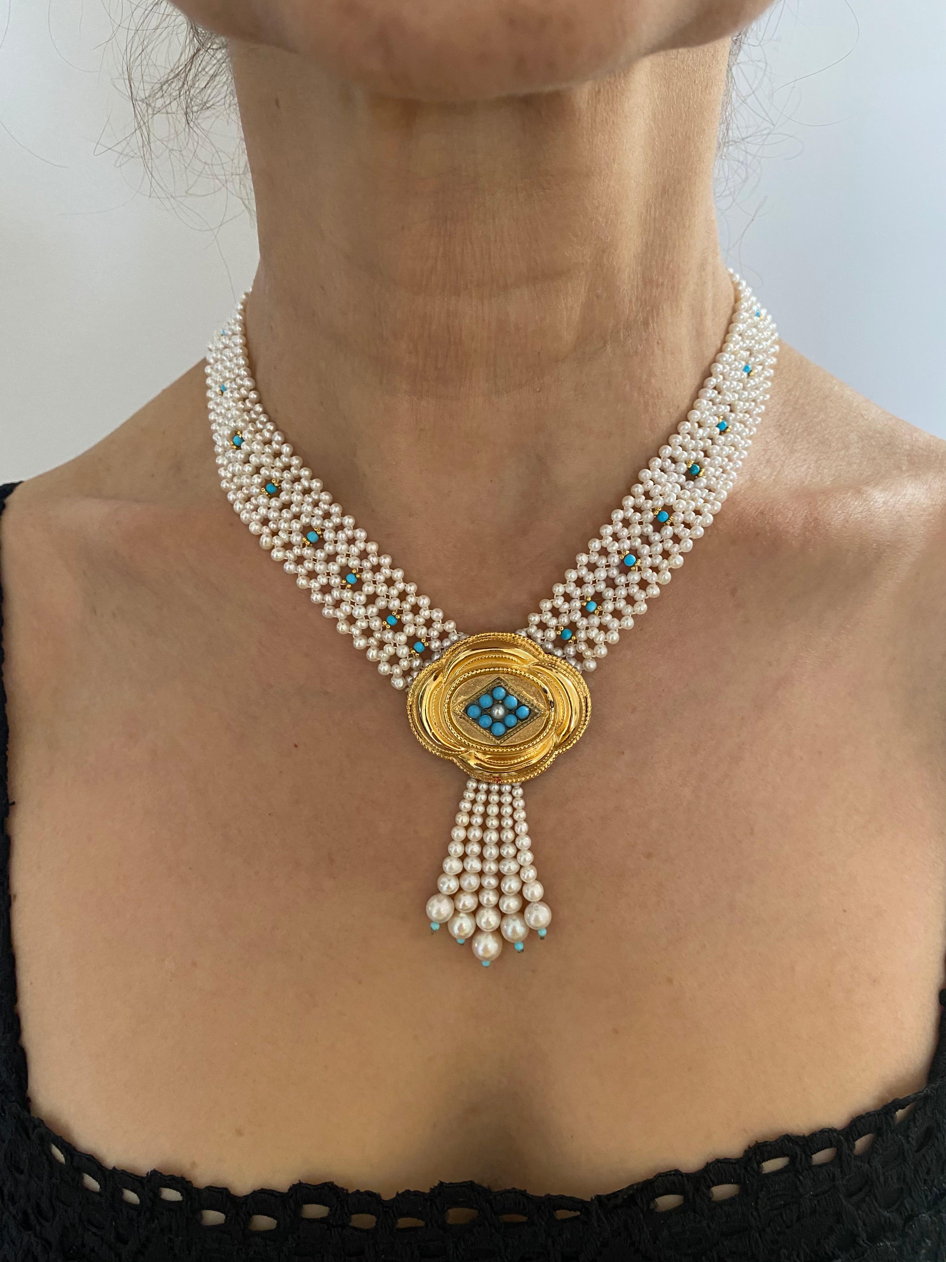 Marina J Collier de perles tissées et de turquoises avec pièce centrale vintage Neuf - En vente à Los Angeles, CA