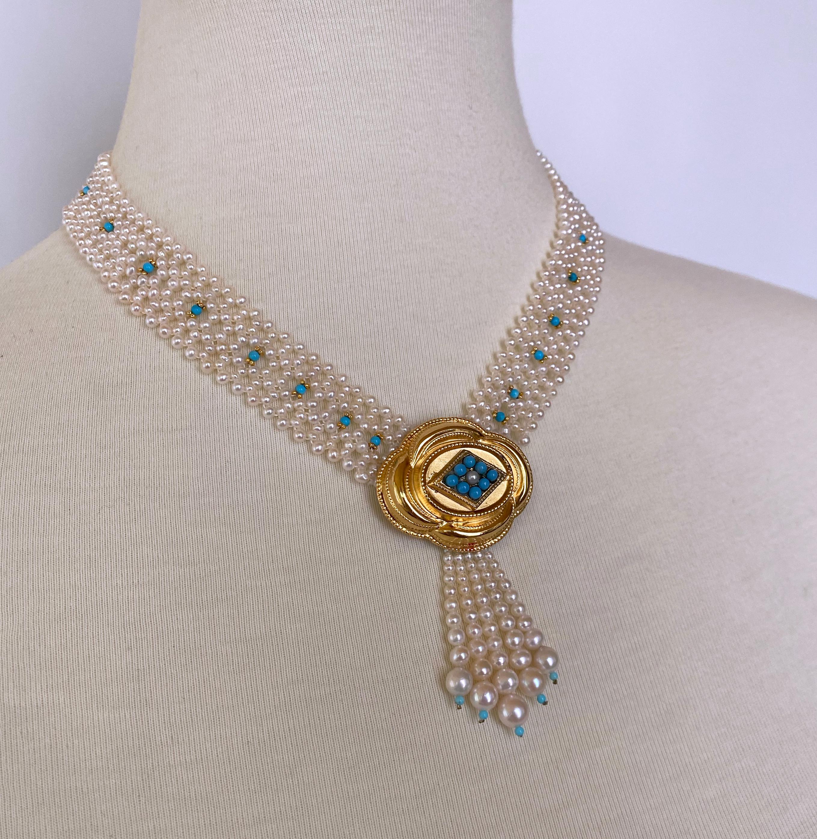 Artisan Marina J Woven Pearl and Turquoise Necklace with Vintage Centerpiece For Sale