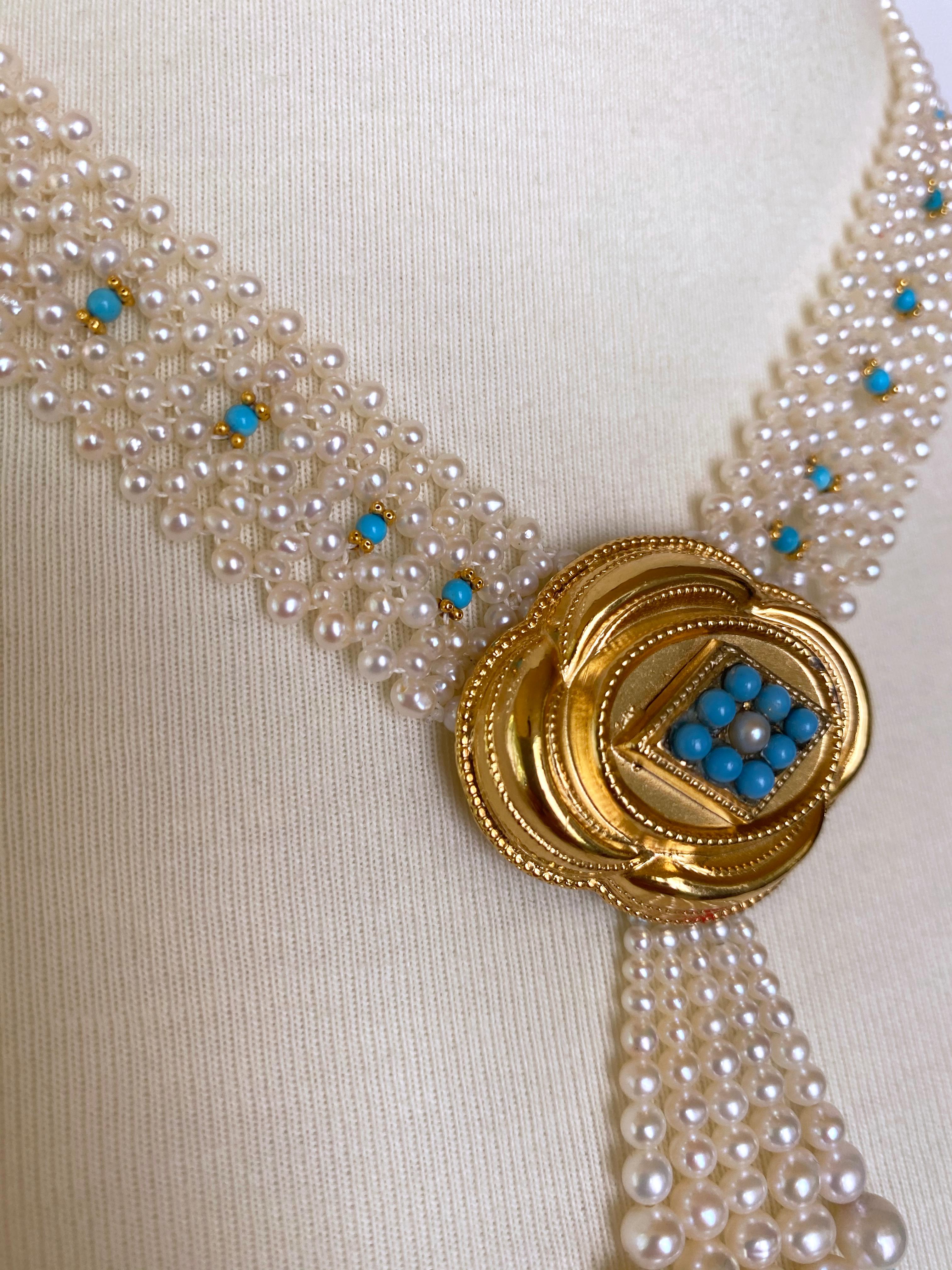 Marina J Woven Pearl and Turquoise Necklace with Vintage Centerpiece In New Condition For Sale In Los Angeles, CA