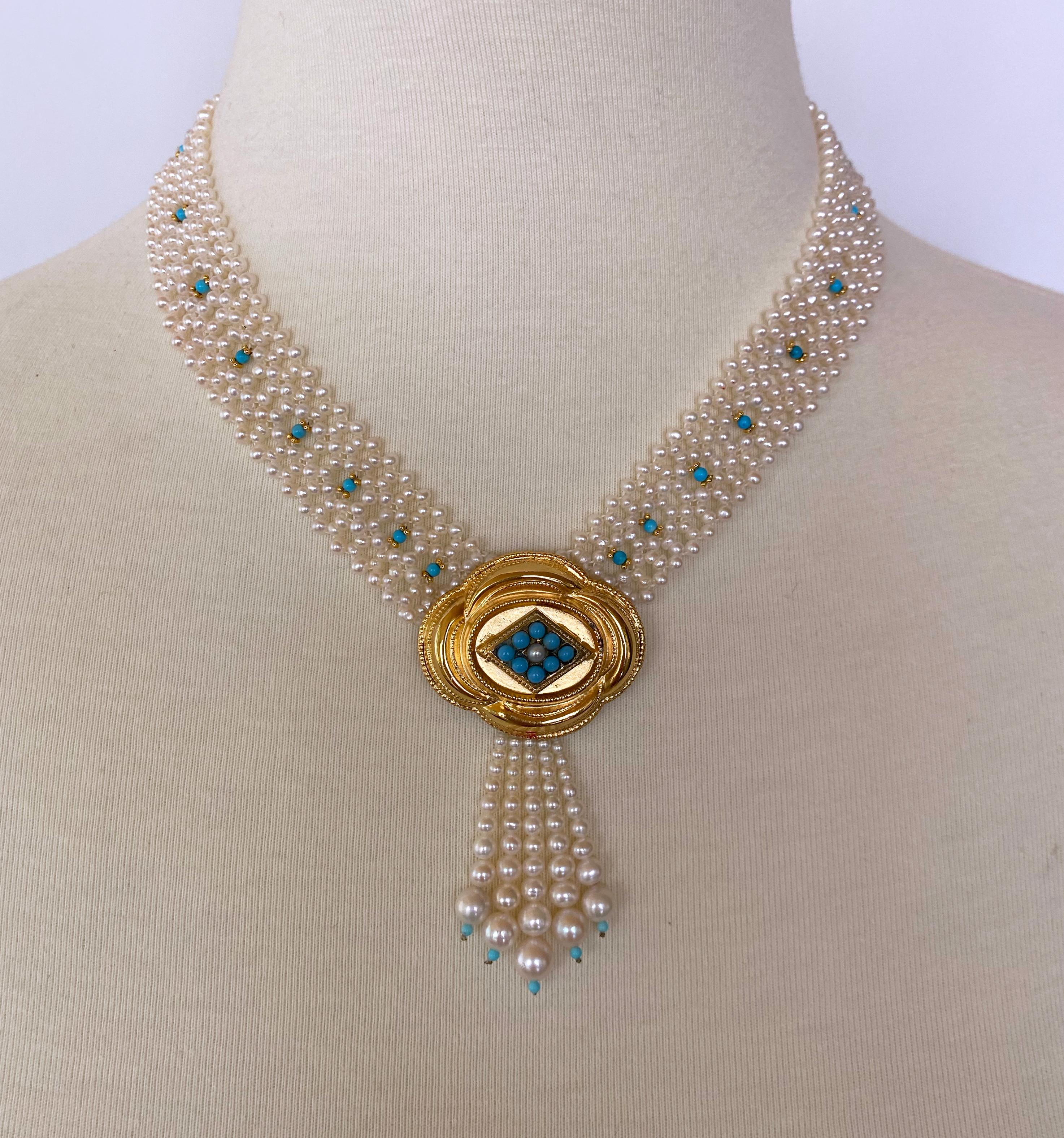 Marina J Collier de perles tissées et de turquoises avec pièce centrale vintage en vente 1