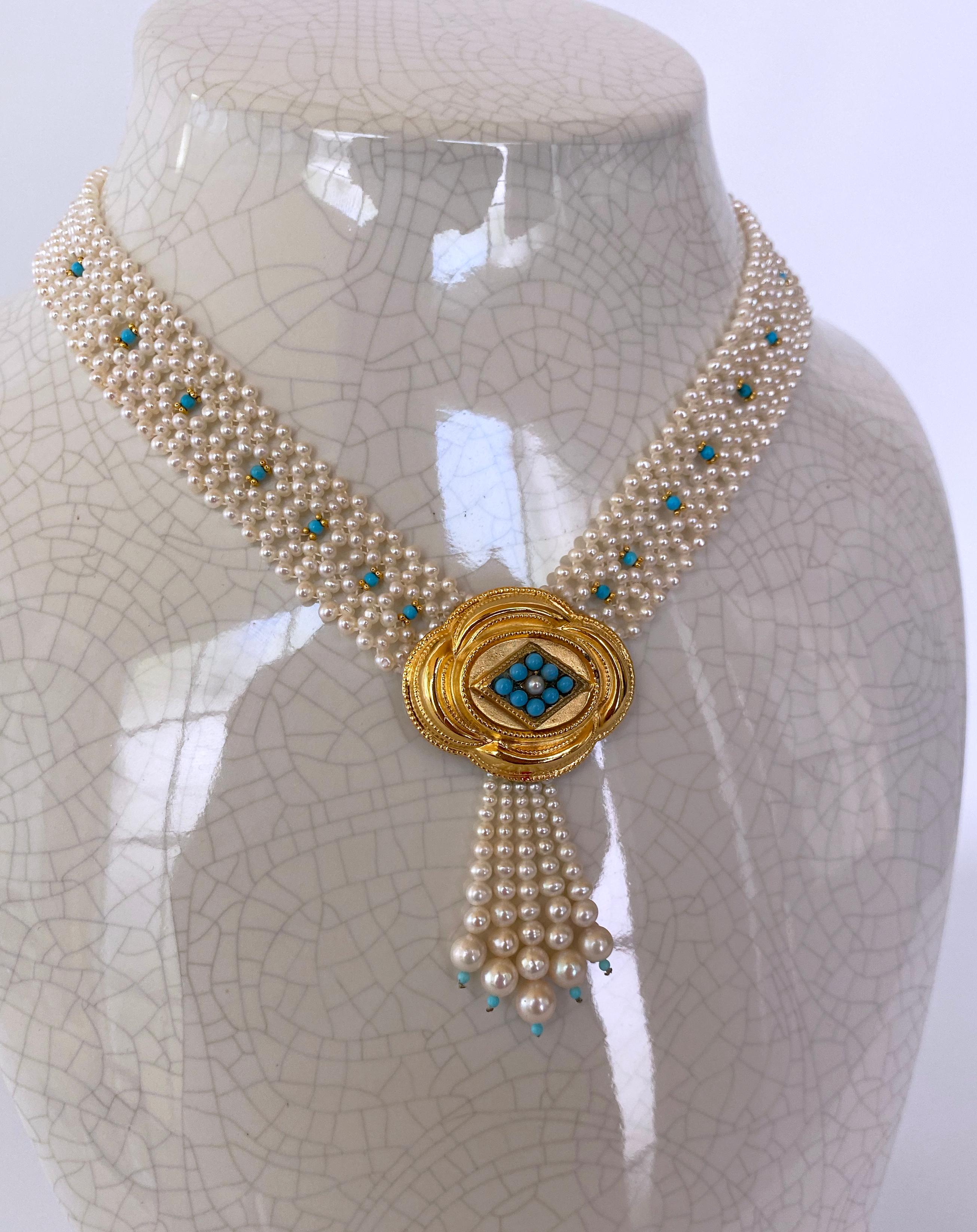 Marina J Woven Pearl and Turquoise Necklace with Vintage Centerpiece For Sale 3
