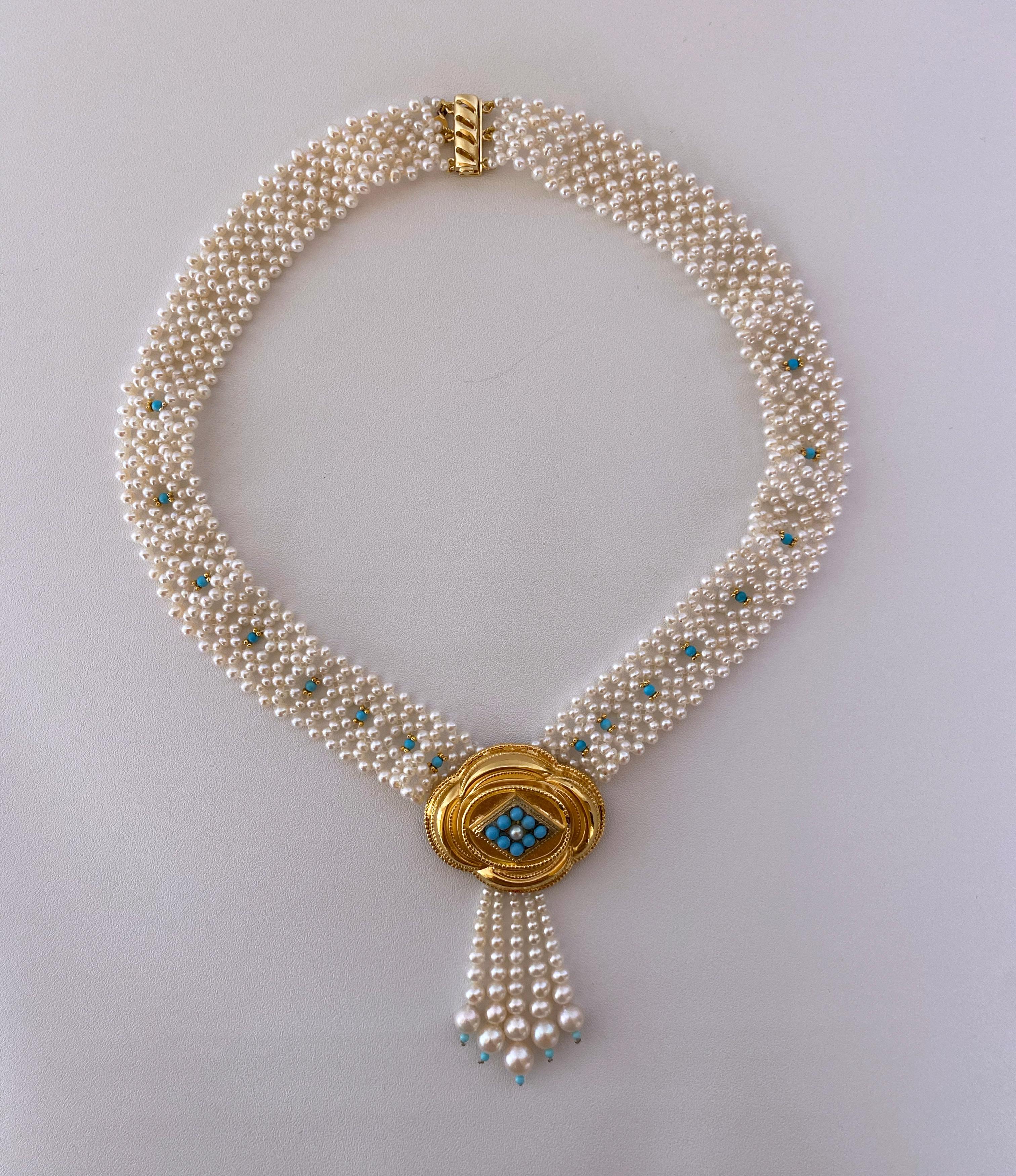 Marina J Woven Pearl and Turquoise Necklace with Vintage Centerpiece For Sale 4