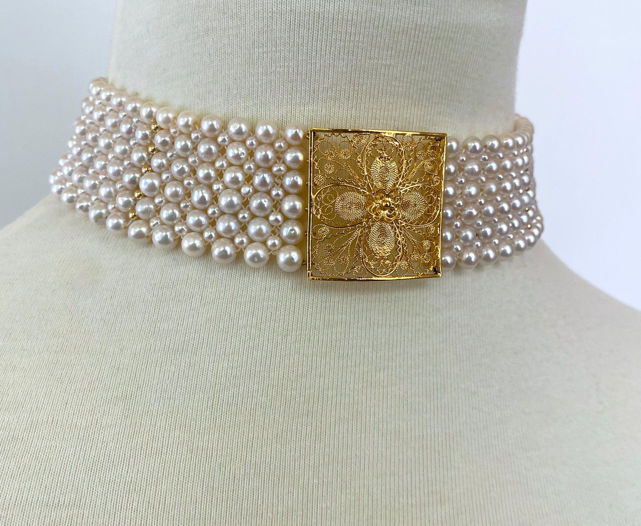 Marina J. Pearl Woven Bracelet with 18k Yellow Gold Floral Centerpiece  4