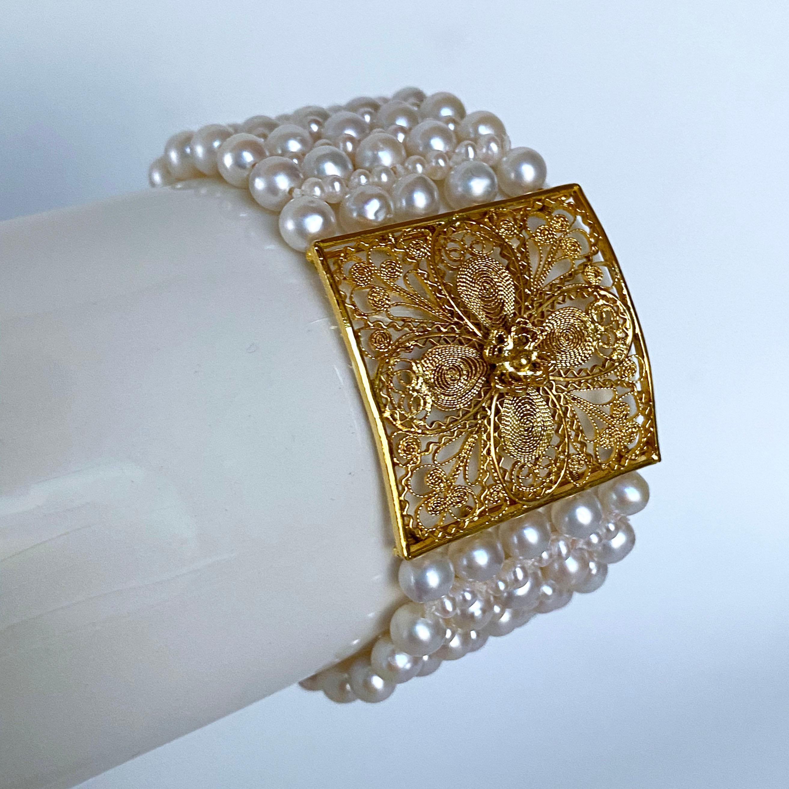 Bead Marina J. Pearl Woven Bracelet with 18k Yellow Gold Floral Centerpiece 