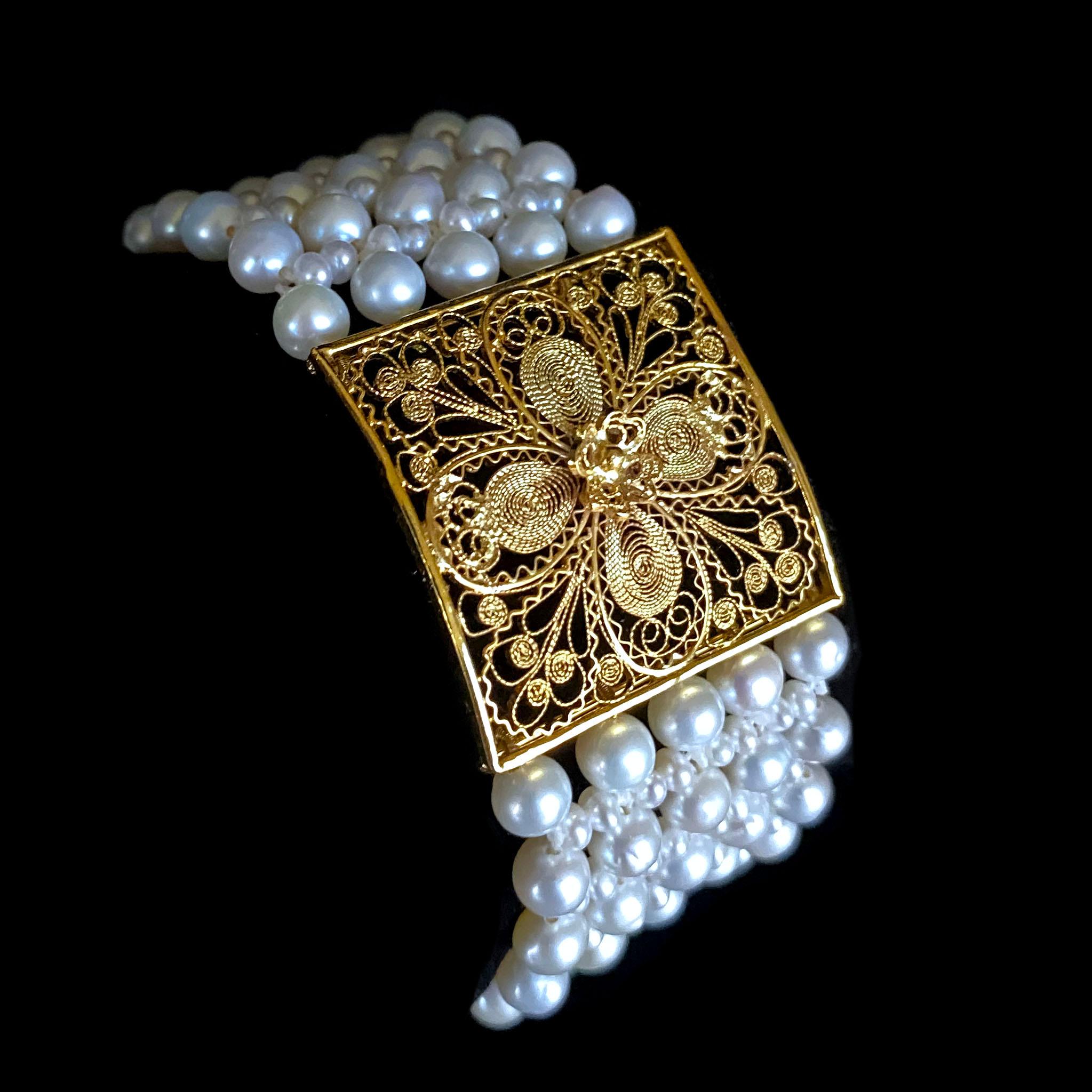 Marina J. Pearl Woven Bracelet with 18k Yellow Gold Floral Centerpiece  In New Condition In Los Angeles, CA