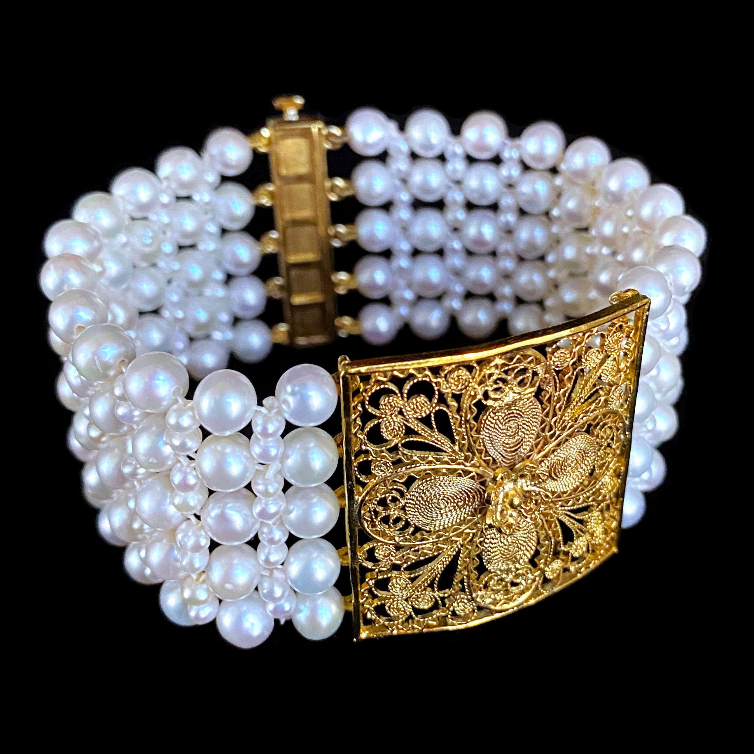 Women's Marina J. Pearl Woven Bracelet with 18k Yellow Gold Floral Centerpiece 