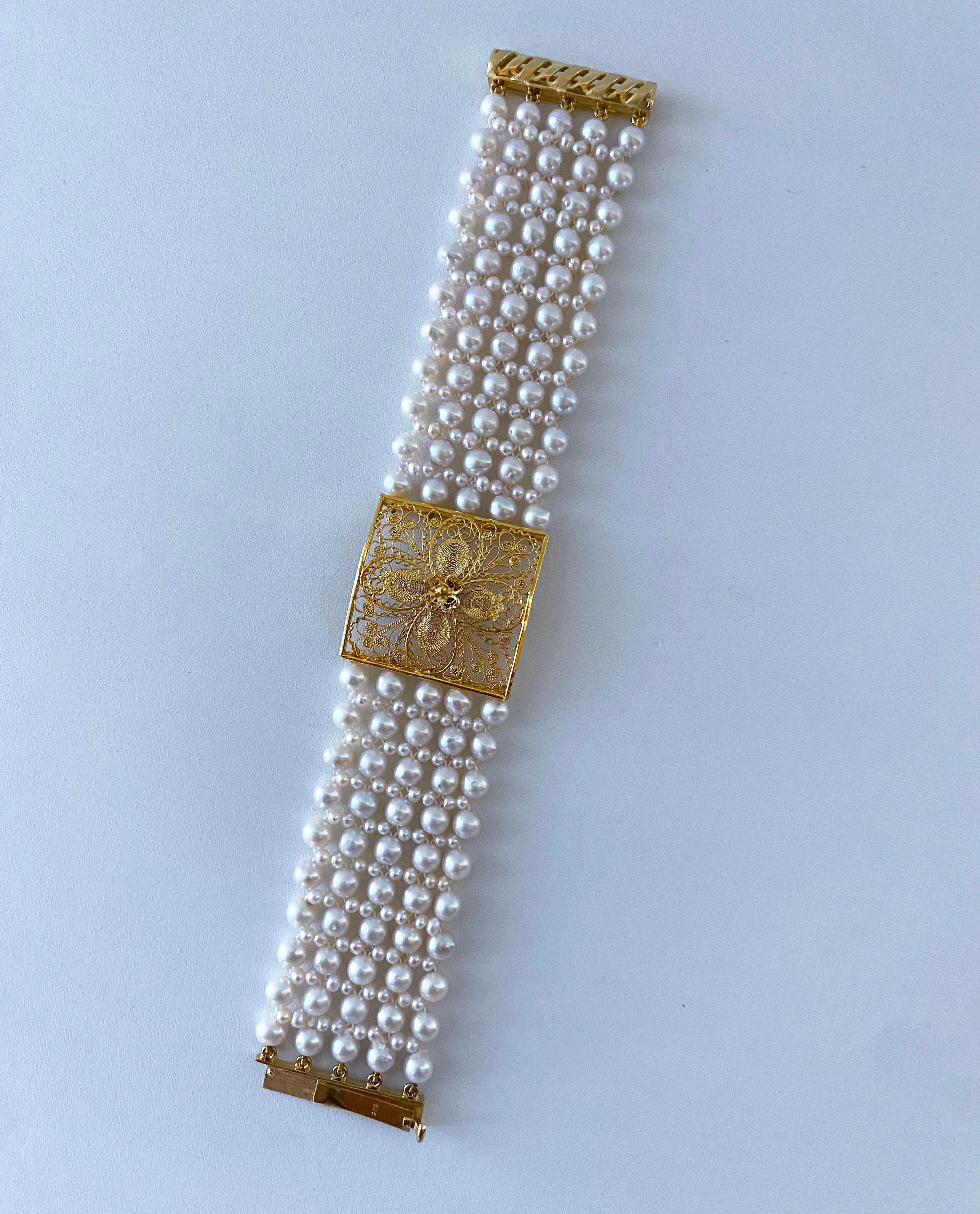 Marina J. Pearl Woven Bracelet with 18k Yellow Gold Floral Centerpiece  3