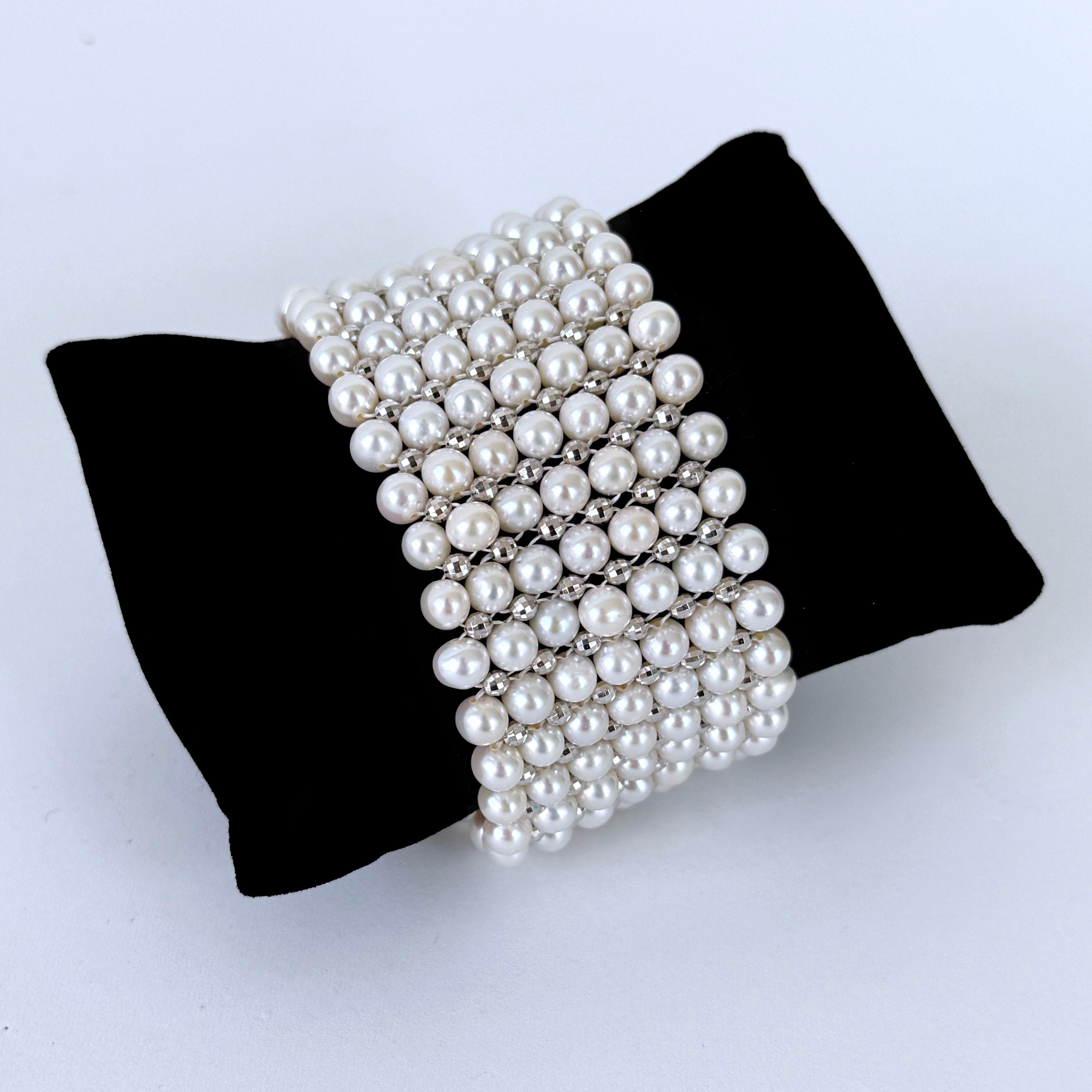 Artisan Marina J. Pearl Woven Bracelet with Faceted Silver - Rhodium Plated Beads For Sale