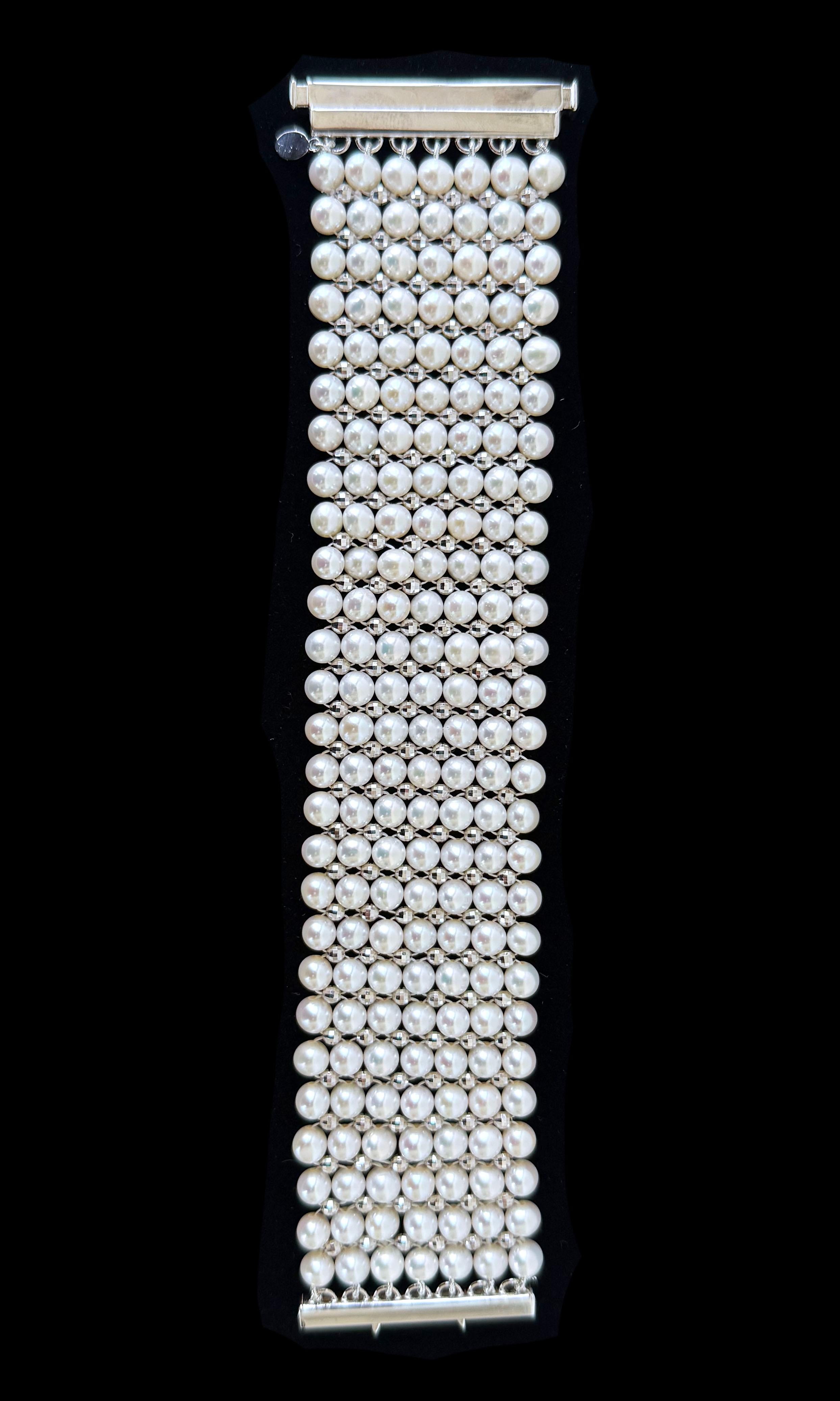 Women's or Men's Marina J. Pearl Woven Bracelet with Faceted Silver - Rhodium Plated Beads For Sale