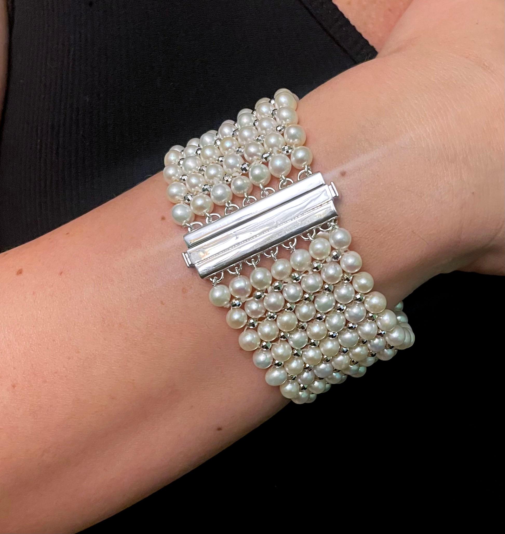 Marina J. Pearl Woven Bracelet with Faceted Silver - Rhodium Plated Beads For Sale 2