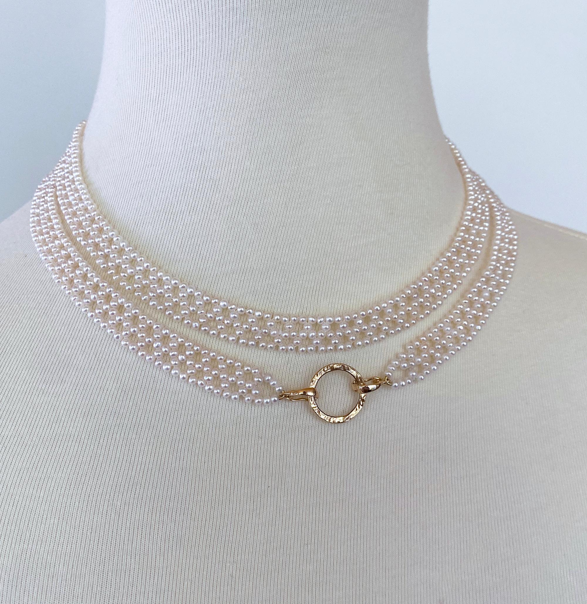 Stunning and classic piece by Marina J. This Sautoir is made of all cultured Seed Pearls intricately woven together into a fine lace like design. The weaving on this piece is inspired by old Victorian Lace, giving this piece an elegant feel.