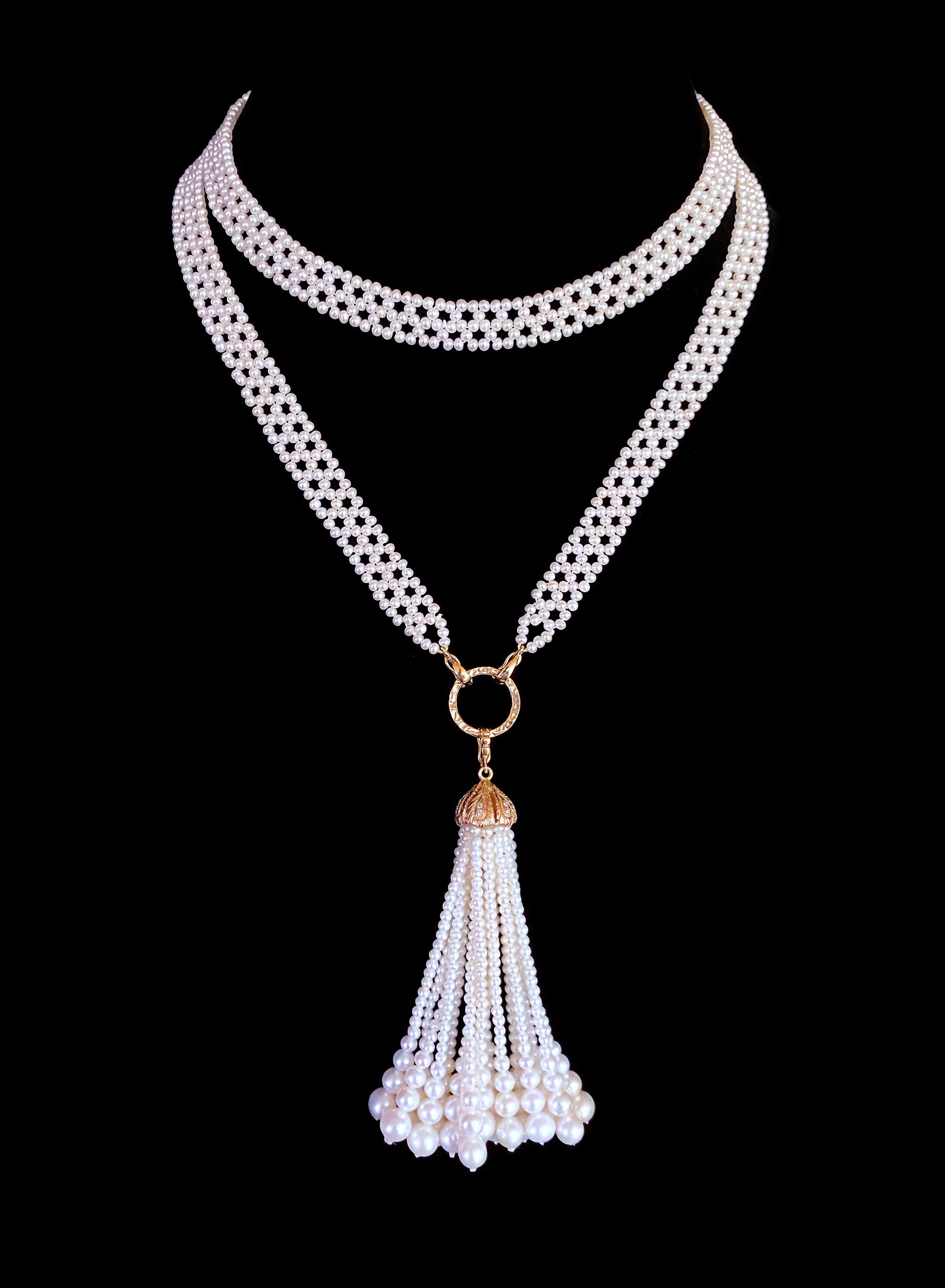 Marina J. Pearl Woven Lace Sautoir with Diamond Encrusted 14k Yellow Gold Tassel In New Condition For Sale In Los Angeles, CA