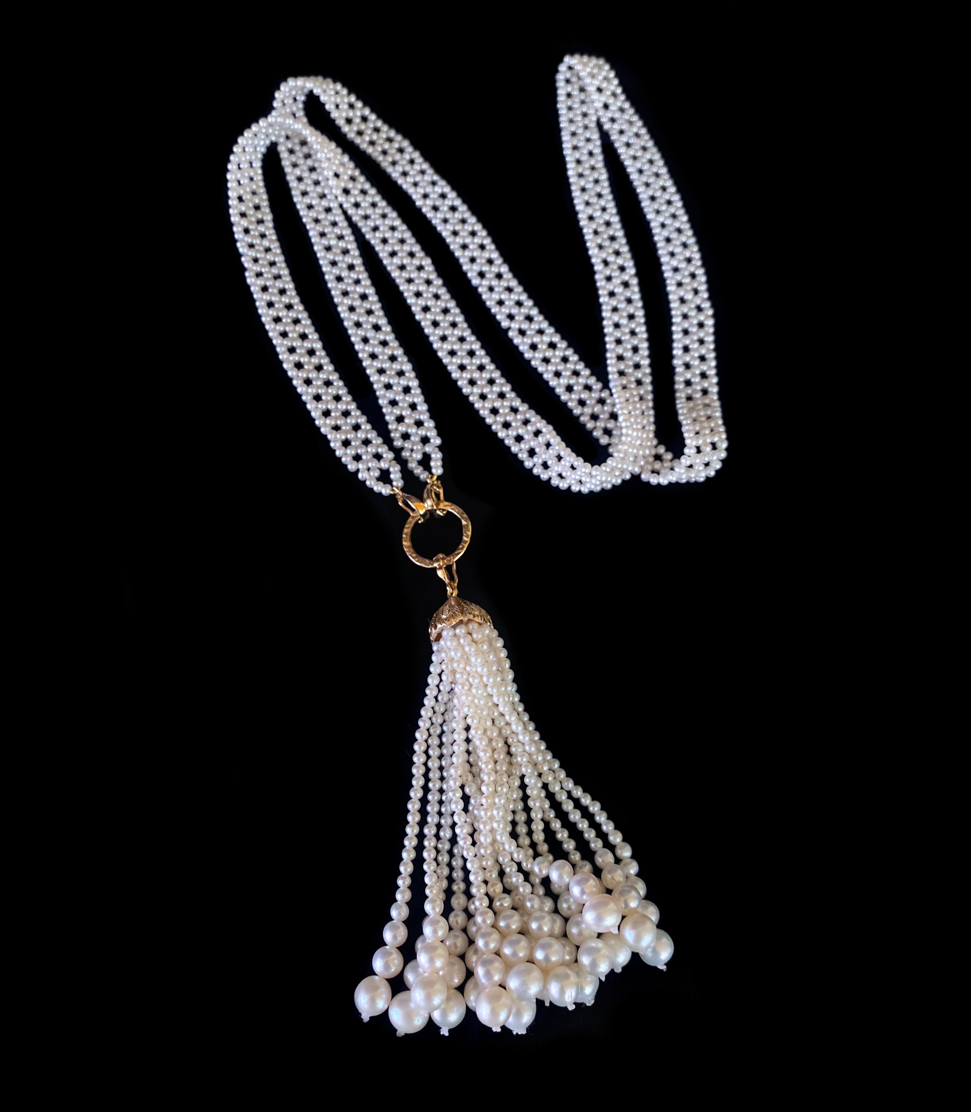 Women's Marina J. Pearl Woven Lace Sautoir with Diamond Encrusted 14k Yellow Gold Tassel For Sale