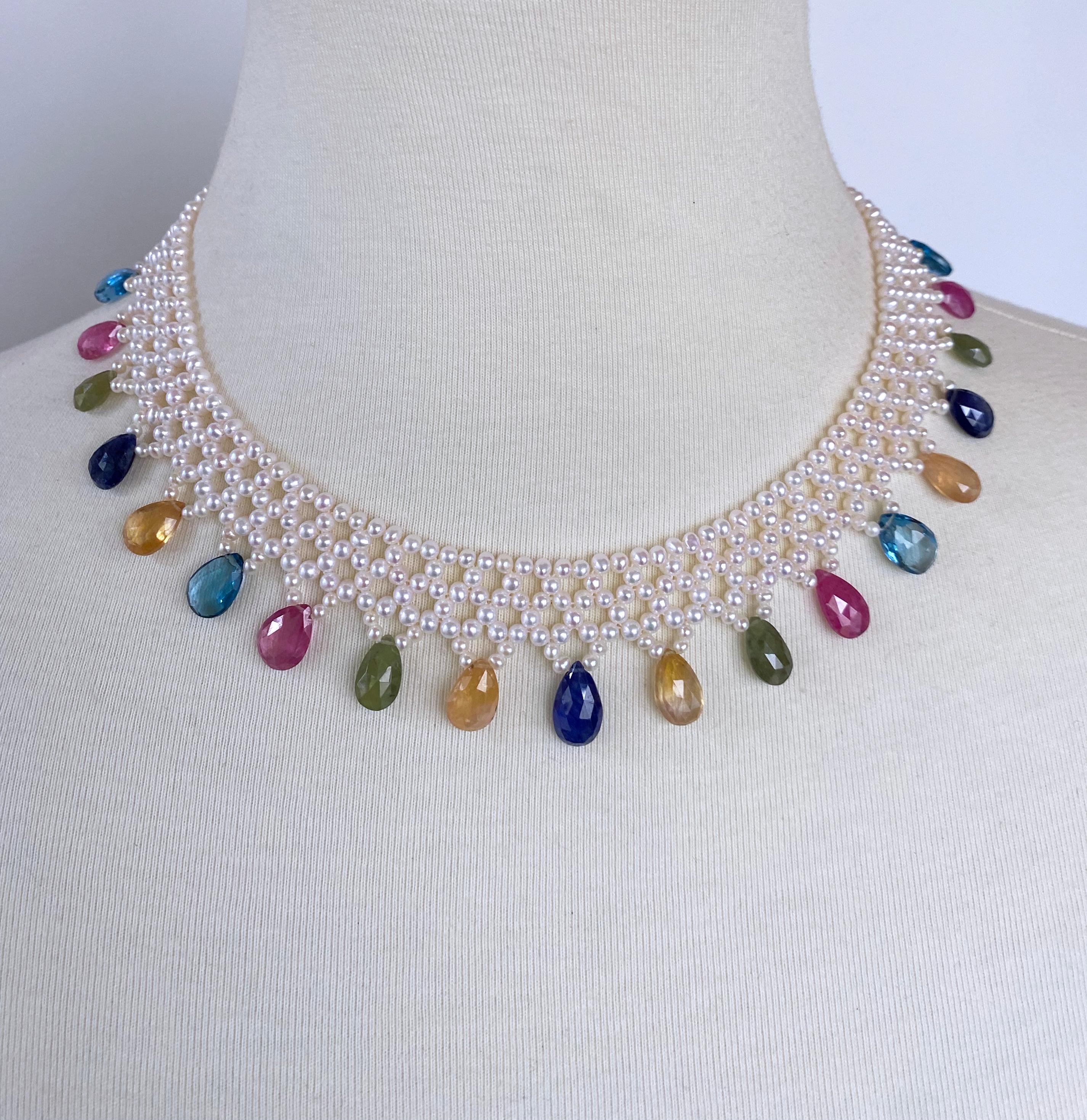 Artisan Marina J. Pearl Woven Necklace w Multi Semi Precious Stones and 14k Yellow Gold For Sale