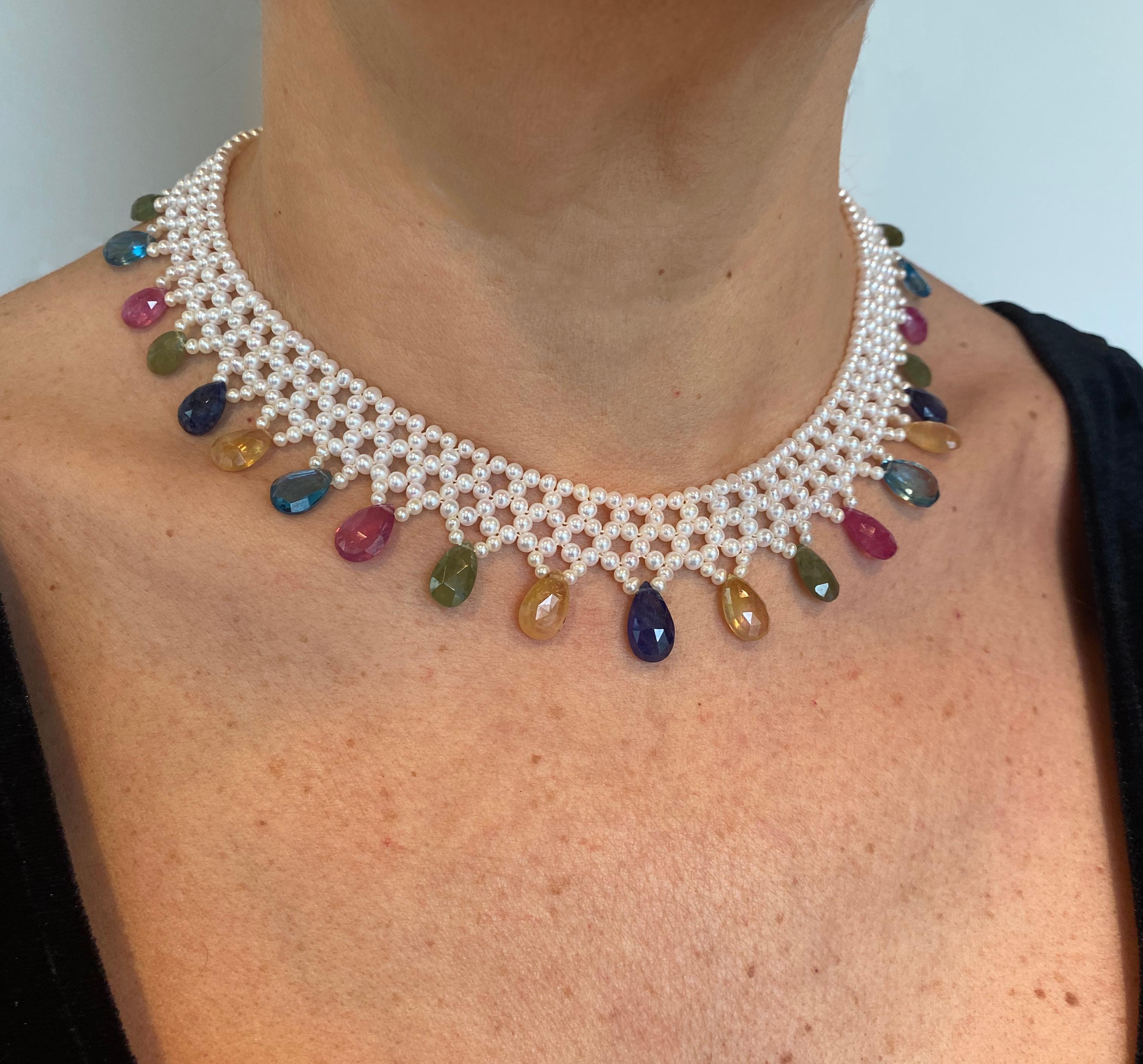 Briolette Cut Marina J. Pearl Woven Necklace w Multi Semi Precious Stones and 14k Yellow Gold For Sale