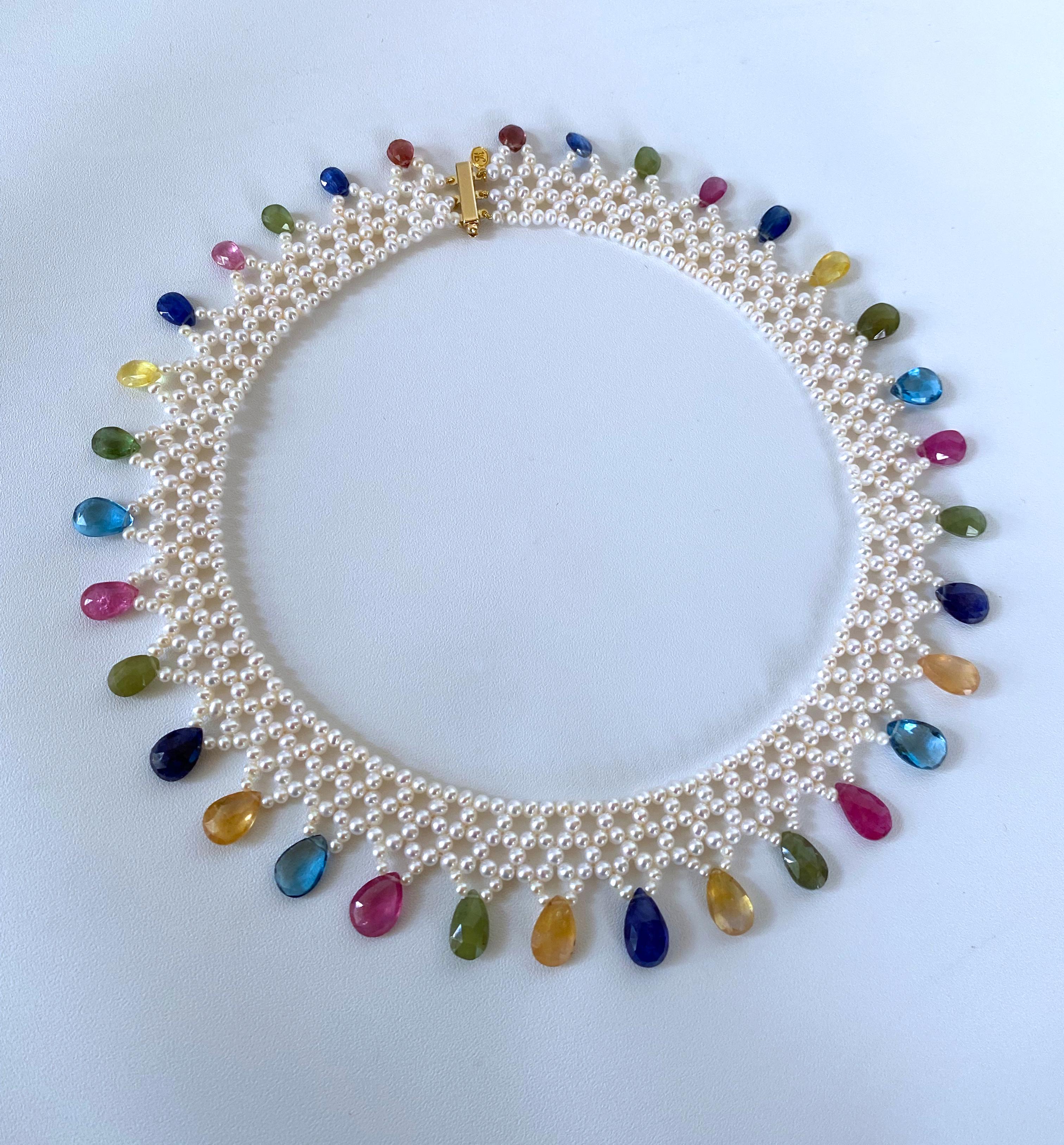 Women's Marina J. Pearl Woven Necklace w Multi Semi Precious Stones and 14k Yellow Gold For Sale