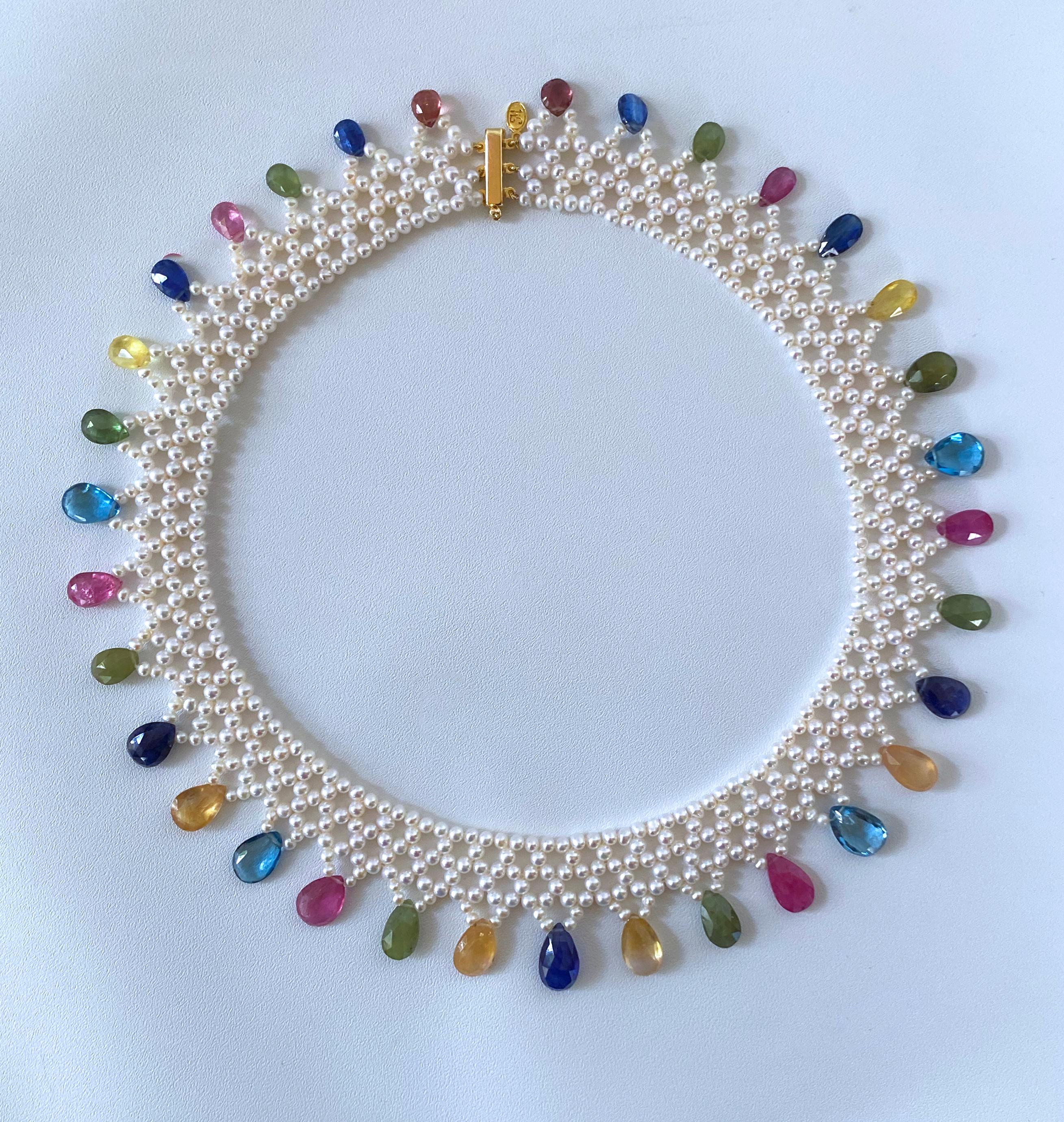 Marina J. Pearl Woven Necklace w Multi Semi Precious Stones and 14k Yellow Gold For Sale 1